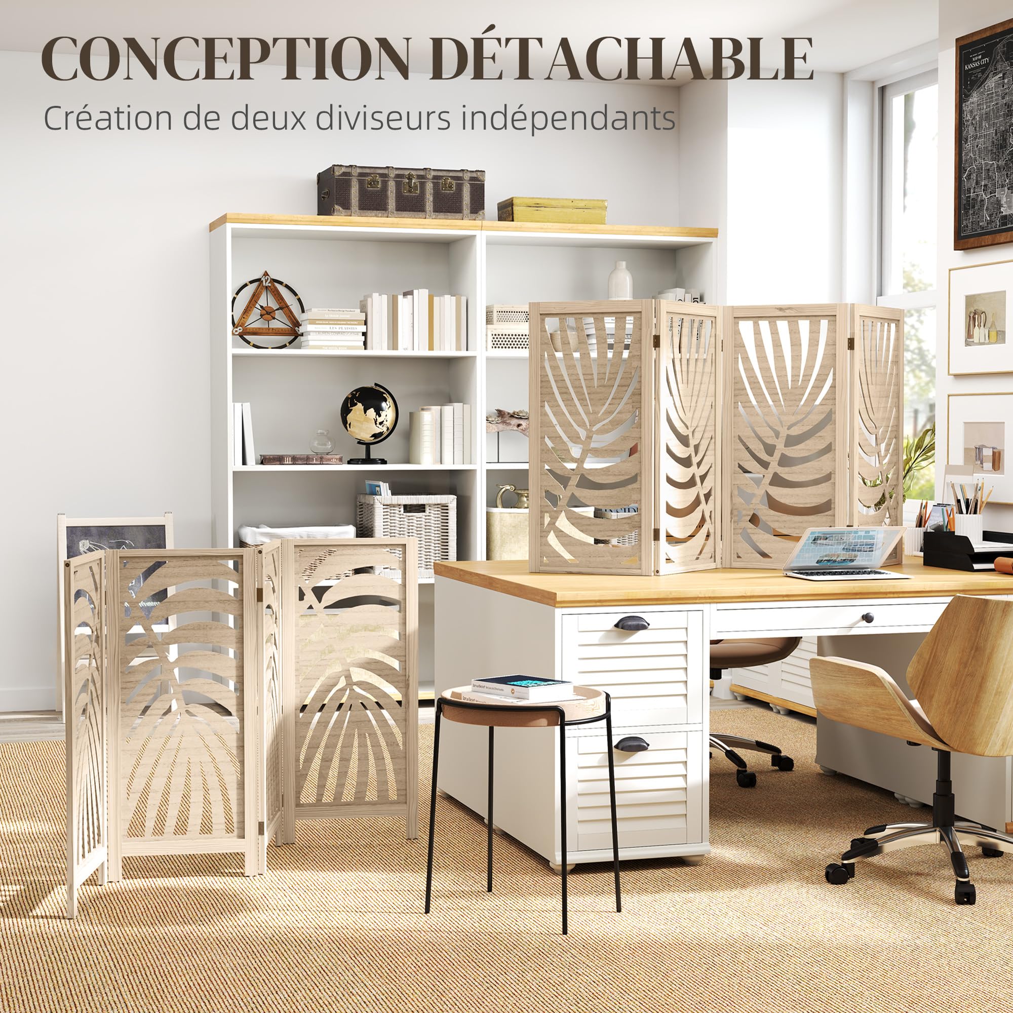 HOMCOM Paravent Intérieur en Bois 4 Panneaux 160 x 170 cm, Séparateur de Pièce Pliable et Portable, Motif de Feuille, Cloison de Séparation Amovible pour Salon, Chambre à Coucher, Maison, Bois Naturel