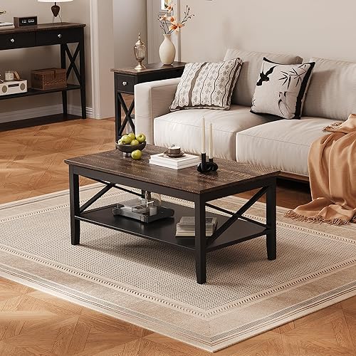 Miniatura 15 de Mesa de centro ChooChoo Oxford con patas más gruesas, mesa de centro de madera negra con almacenamiento para la sala de estar Negro -,Negro y