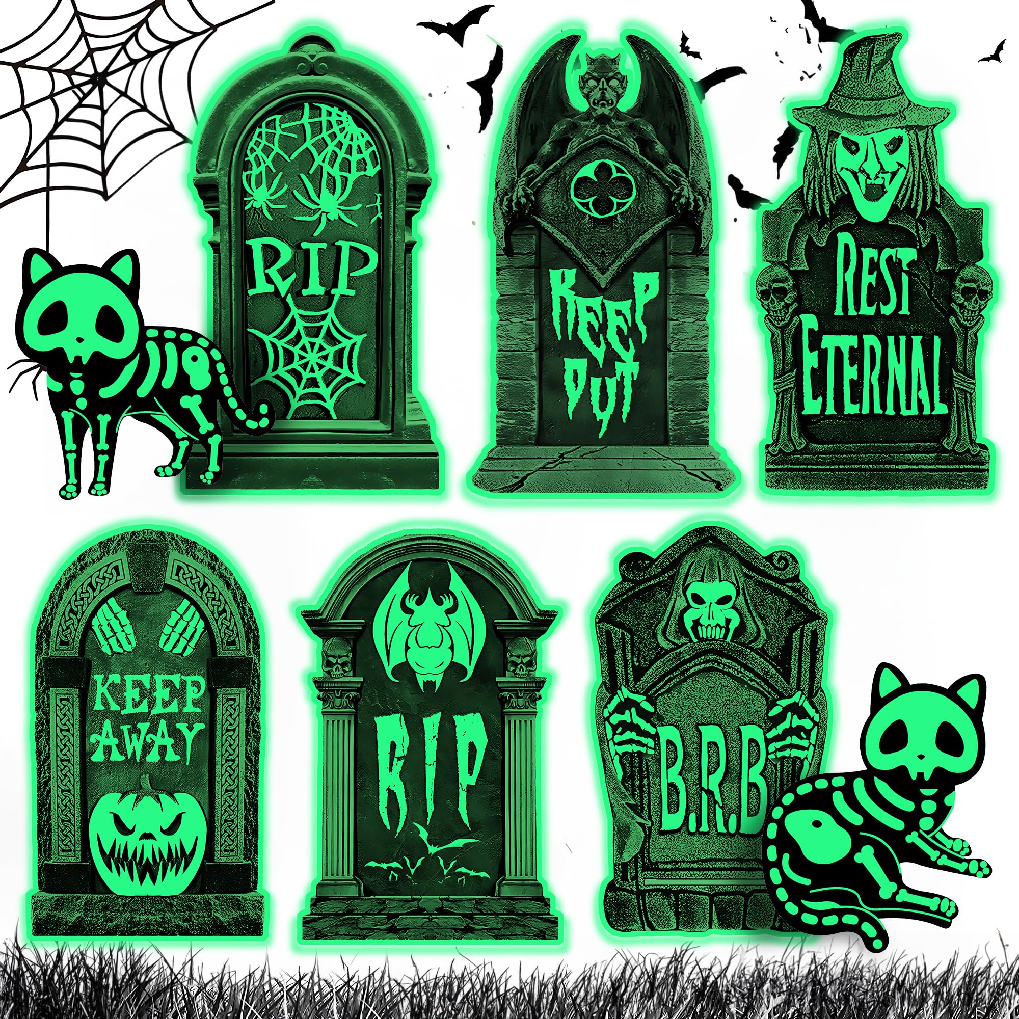 Set Decorazioni Cimitero Halloween: 6 Lapidi In Schiuma + 2 Gatti Fluorescenti – Per Giardino, Prato, Eventi E Labirinti