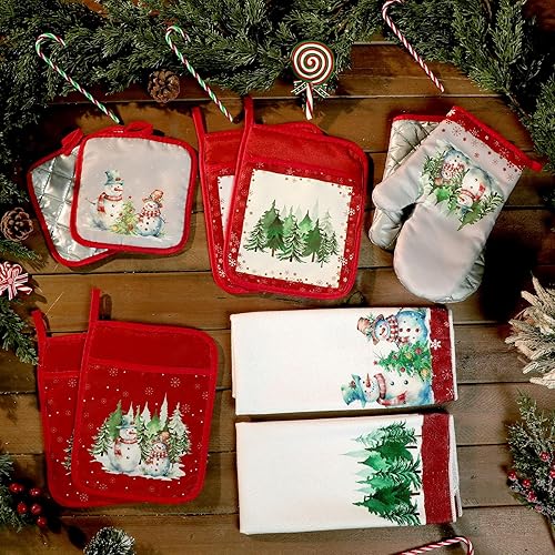 Miniatura 2 de Tioncy Juego de 10 guantes de horno de Navidad y soportes para ollas para árbol de Navidad, almohadillas calientes de cocina, toallas de cocina de