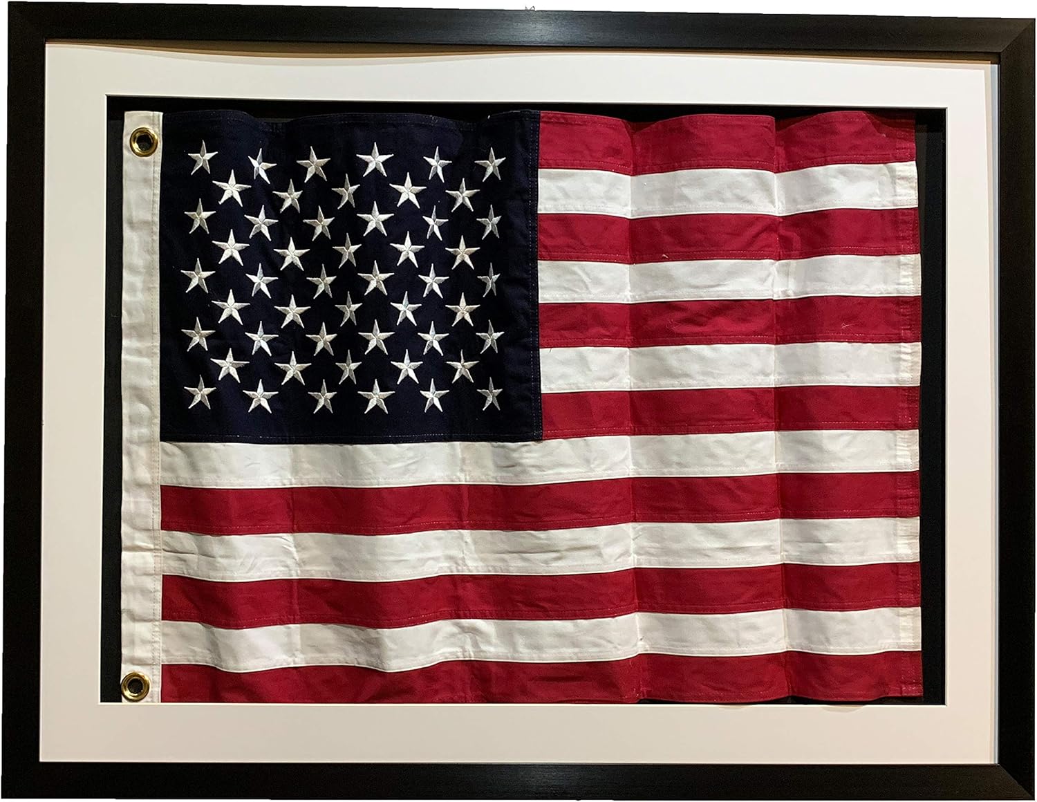 Framed Real Cloth Cotton Embroidered American Flag, USA Flag in Shadow Box Modern Frame, Wall Art, Décor,