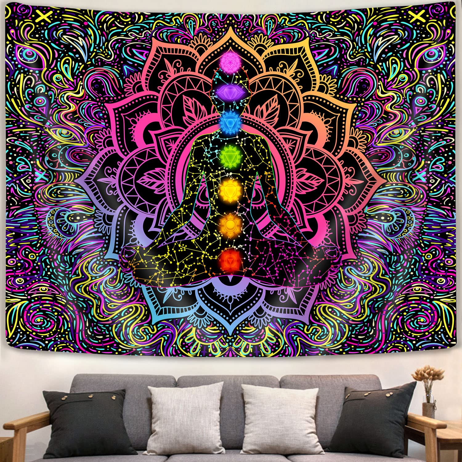Blacklight gobelin z siedmioma czakrami reaktywny na promieniowanie UV bohema mandala, duchowy gobelin boho, joga, medytacja, czarne światło, gobelin ścienny do pokoju jogi, boho, sypialni, salonu,