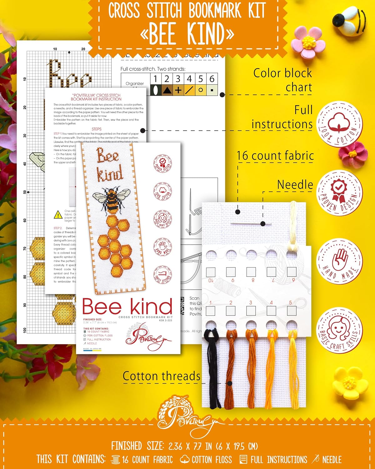 Povitrulya Bee Kind Counted Cross Stitch Bookmark Kit - DIY Embroidery Set