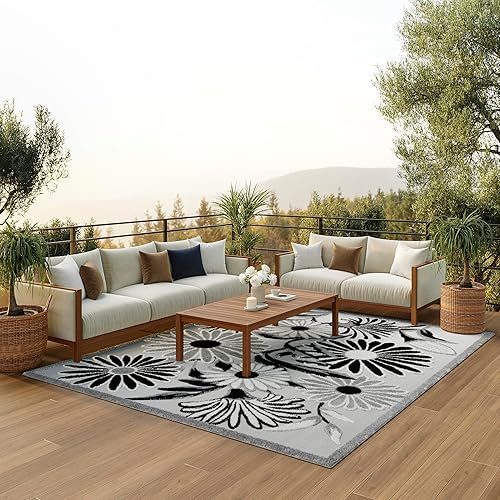 Nourison Home Aloha Indoor/Outdoor Black White 9' x 12' Area Rug, Easy Cleaning, Non Shedding, Bed Room, Living Room, Dining Room, Kitchen (9x12)