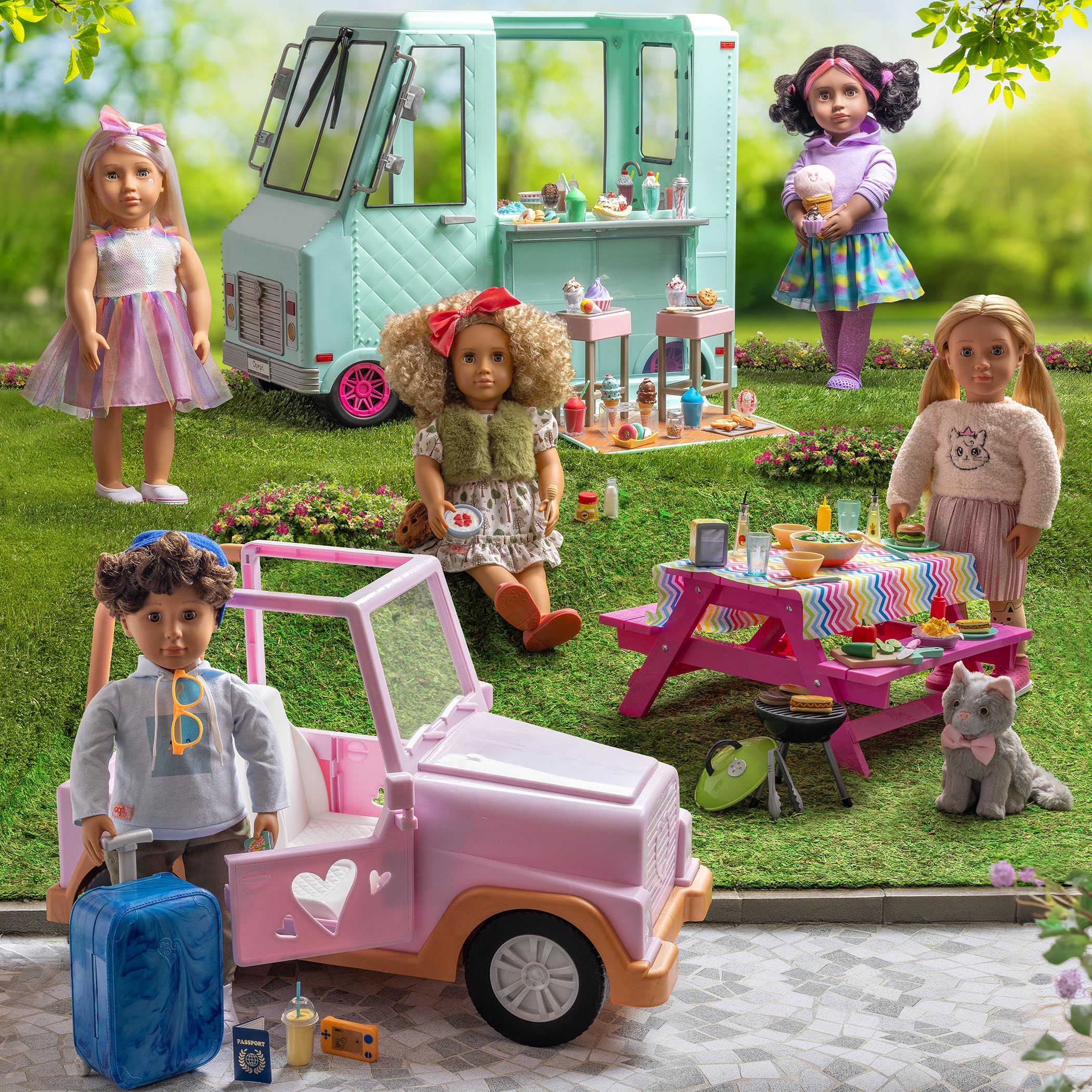 Our Generation – 46 cm Puppe – Violette Augen und Haare mit Strähnchen – Puppenkleidung mit Regenbogenmotiv – Rollenspiel – Spielzeug für Kinder ab 3 Jahren – Iris