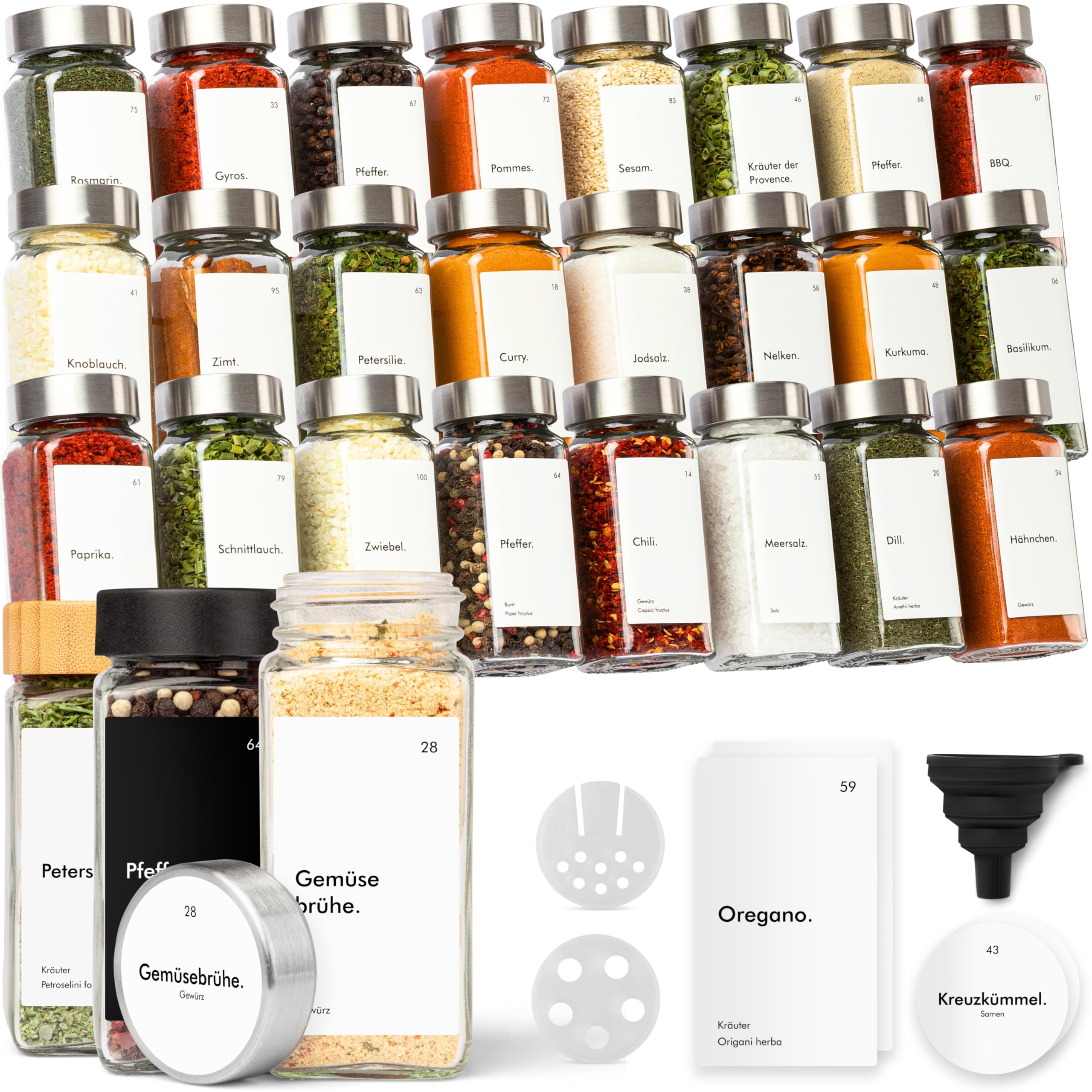 KIVY Gewürzgläser mit Streueinsatz [24x 120ml] + 240 Wasserfeste Label - Luftdichte Gewürzgläser eckig