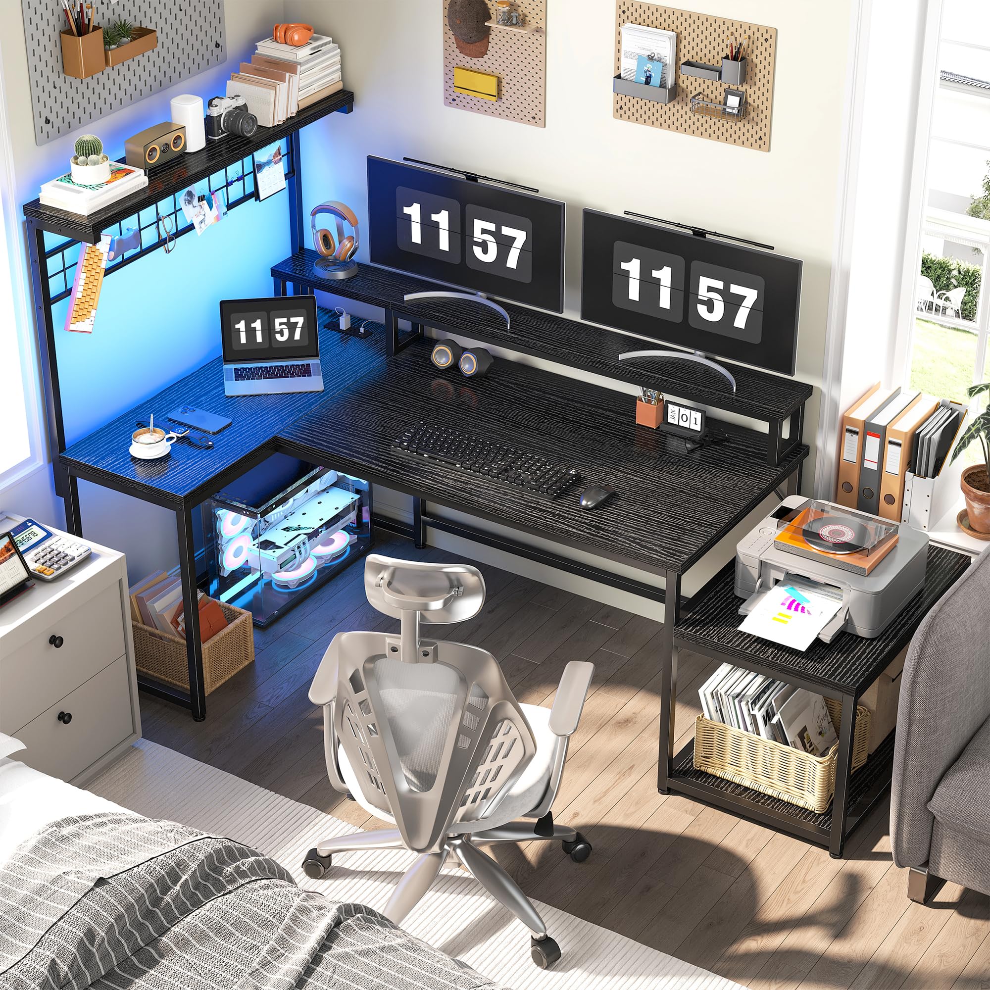 EnHomee 63" L Shaped Gaming Desk with LED Lights & Power Outlets,Reversible Corner Gaming Table with Storage Shelf & Hooks,Computer Desk with Monitor