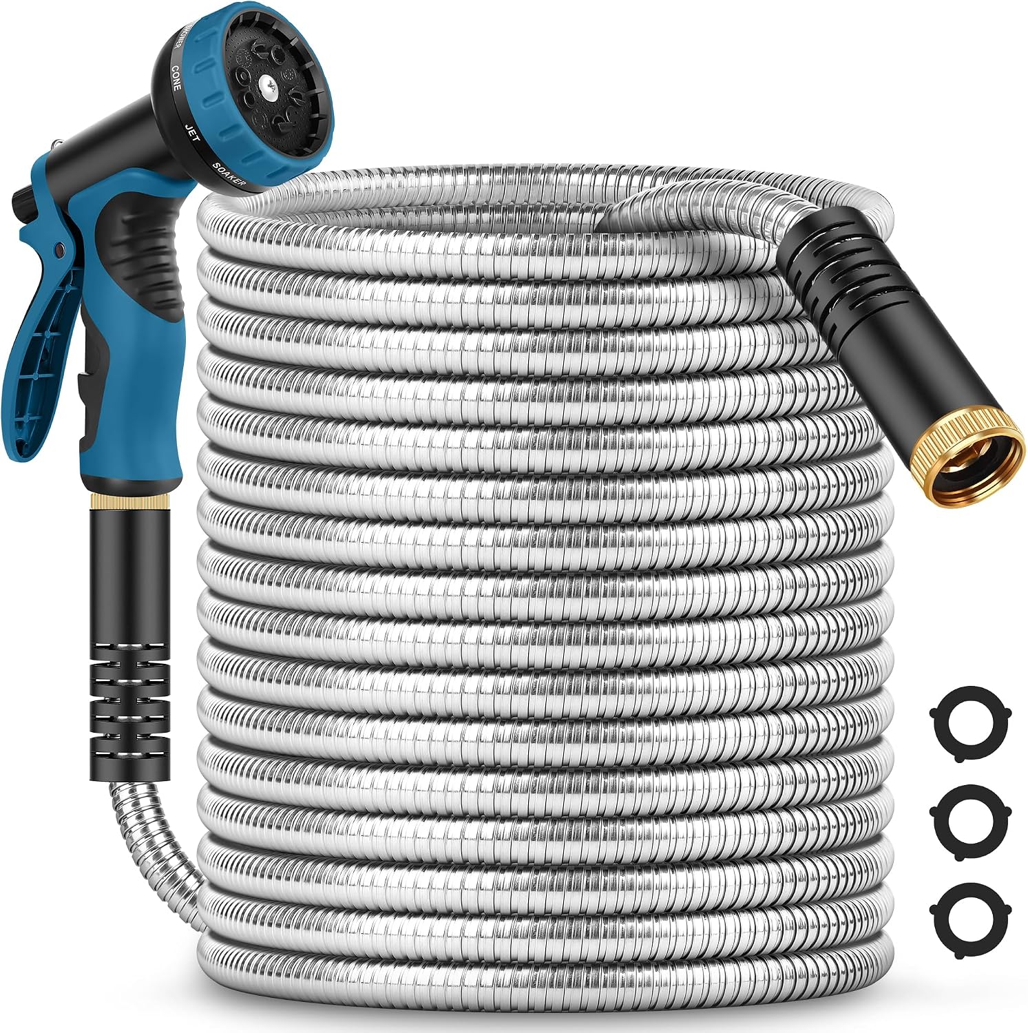 Garden Hose 100FT with 10 Function Nozzle, Water Hose with Leak-proof Connectors No-Kink Lightweight Puncture-proof Pet-proof Sturdy Hose for Outdoor Yard(Light Silver)
