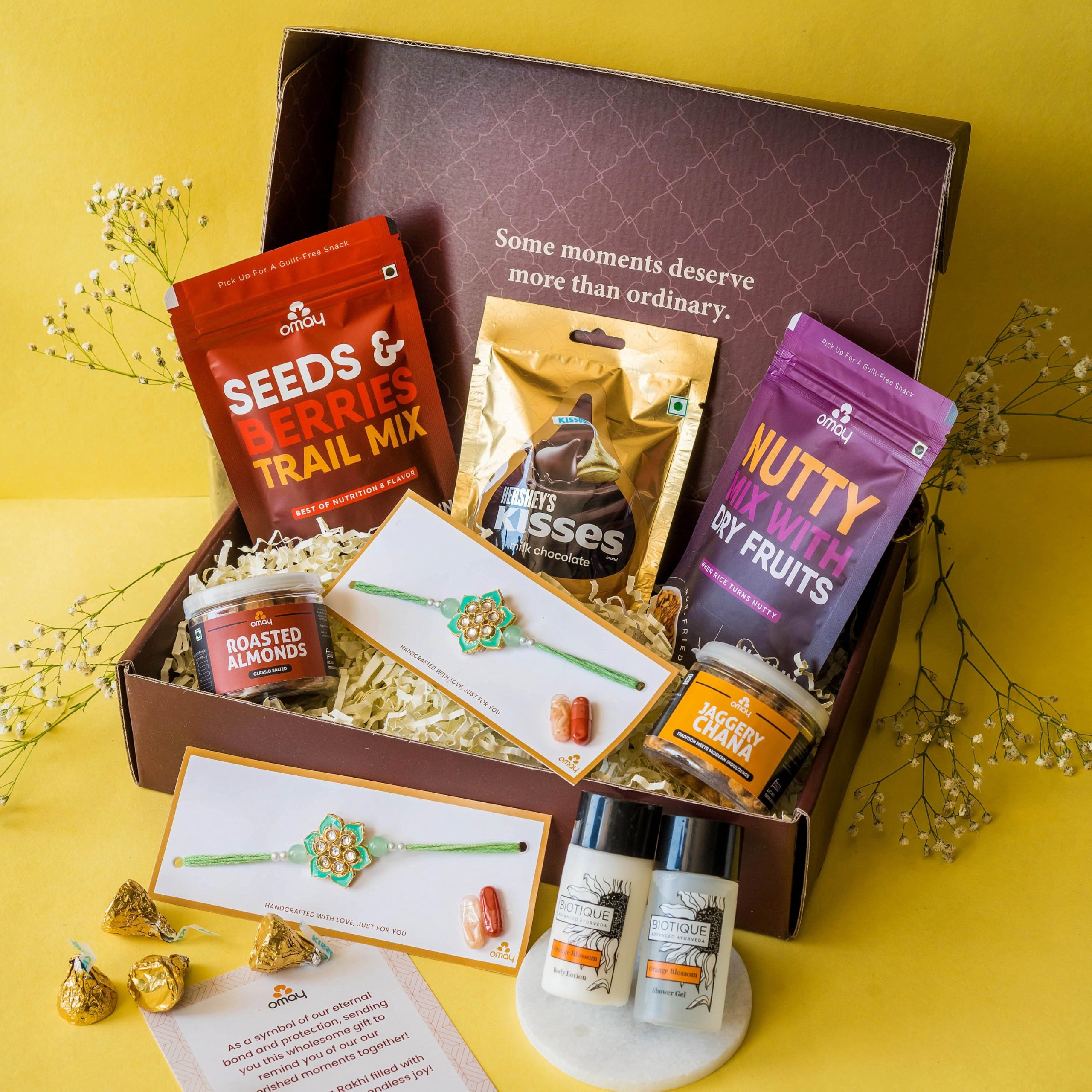 Omay Foods The Gentleman's Rakhi Box | 10 Pcs | Premium Rakhi Gift Hamper for Brother | Snacks, Dry Fruits, Hersheys Chocolate & Biotique Skincare | Raksha Bandhan Gift for Bhai Bhaiya-image-41