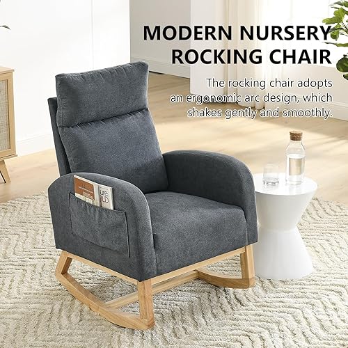 Miniatura 10 de NIOIIKIT Silla mecedora moderna para guardería, silla deslizante tapizada de peluche con respaldo alto y bolsillo lateral, cómodo sillón decorativo