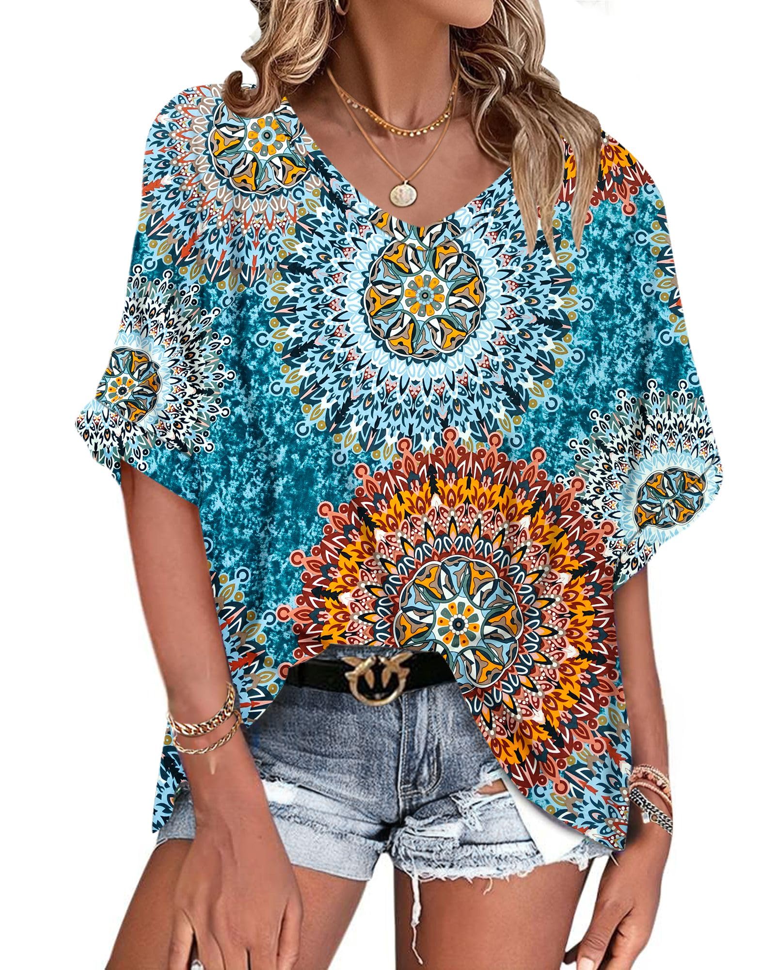 WNEEDU Oversize T-Shirt Damen Sommer V Ausschnitt Top Damen Kurzarm Oberteile Sommer Bluse Shirt Locker Leicht und Luftig Grün Drucken XL
