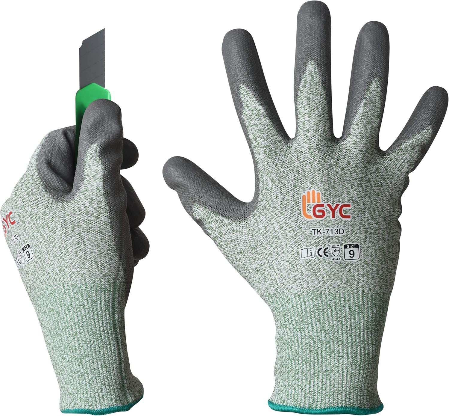 GYC Gloves, Cut Resistant Safety Work Gloves - Level 5 Cut Protection, 10 Pairs Pack - Excellent Dexterity & Breathability, Comfortable Soft PU coated (TK-713D/Size 9 - LARGE)