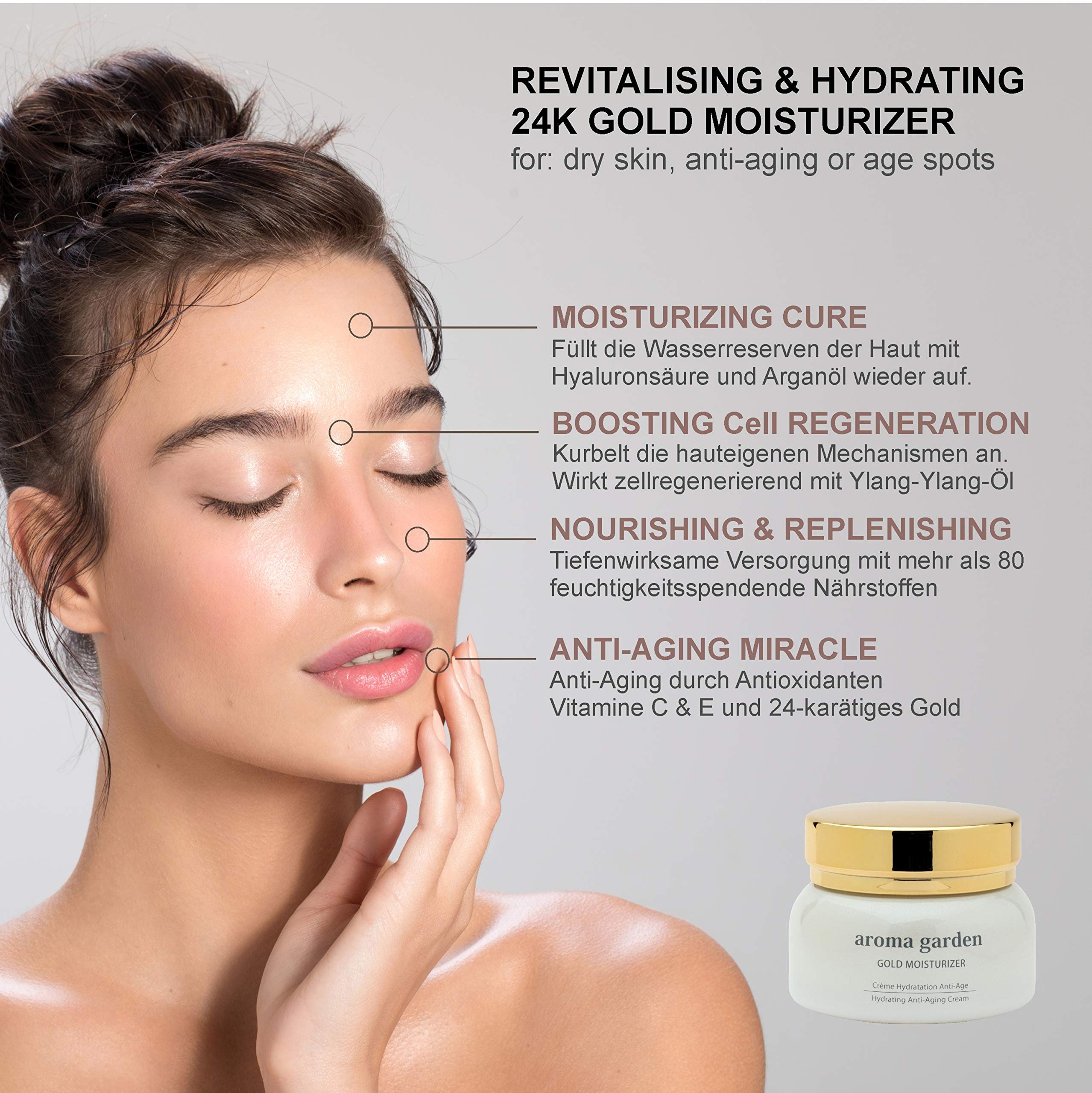 Crema hidratante de oro de 24 quilates contra la piel seca y las arrugas – Crema Bio con oro, ácido hialurónico, aceite de argán e inmortelle – Revitalizada con 80 nutrientes 50 ml…