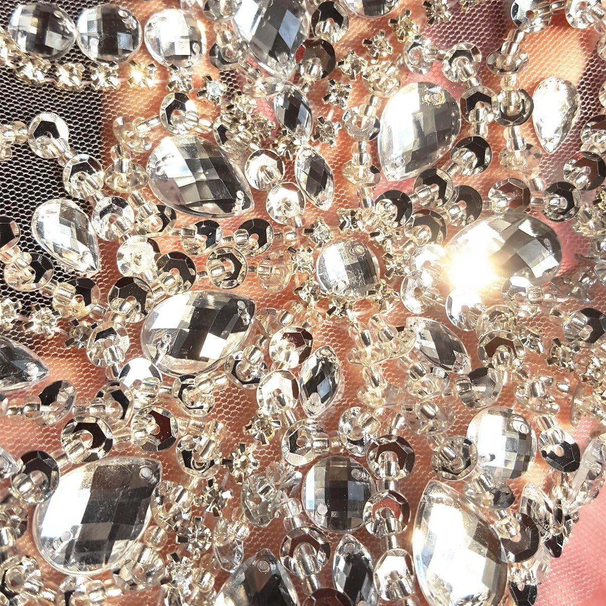 New Exquisite Pure Handmade Bright Crystal Patches Sew-on Rhinestones Applique with Stones Sequins Beads for Wedding Dress DIY Manual Accessories Belt Waist Decoration 18x38cm (Silver)