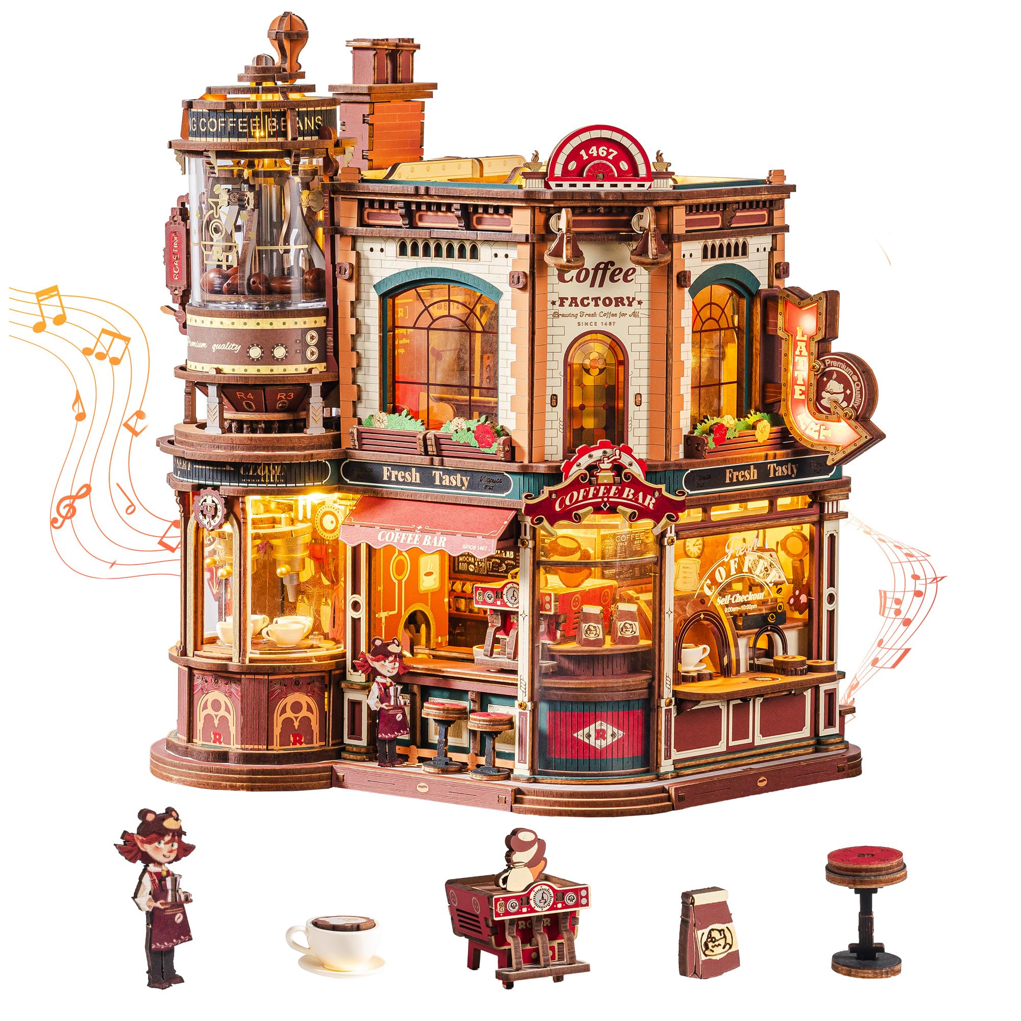 ROKR Dream Coffee Factory EAB02 DIY Miniatur Puppenhaus Spieluhr für Erwachsene, Mechanisches Kaffeefabrik Modell mit Beweglichen Teilen, LED Beleuchtung und Jazz Musik, Kreatives Geschenk