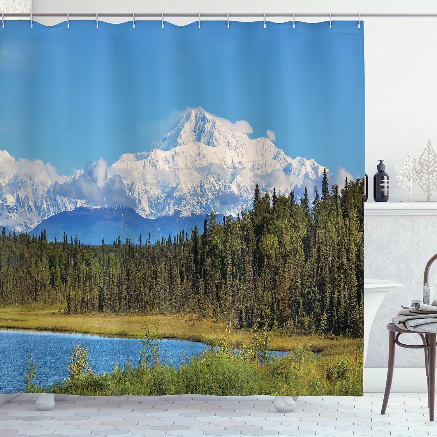 Ambesonne Alaska Shower Curtain, Snow Covered McKinley Mountain in Spring Season with Vibrant Forest, Cloth Fabric Bathroom Decor Set with Hooks, 69" W x 70" L, Forest Green White Blue
