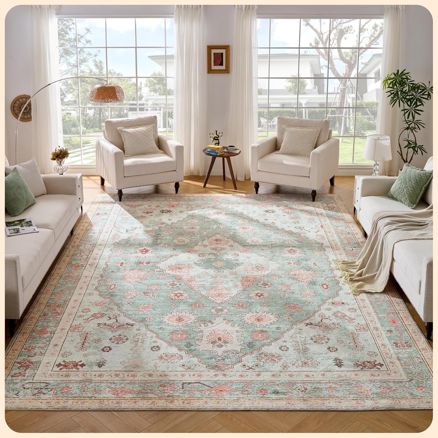 Istana Living Room Rug 10x14 - Light Green/Pink 10 x 14 Area Rug - Foldable Machine Washable Area Rugs 10x14 - Stylish 10x14 Area Rugs Boho - Stain Resistant Washable Rug 10x14 10' x 14' (Rectangular) Light Green / Pink