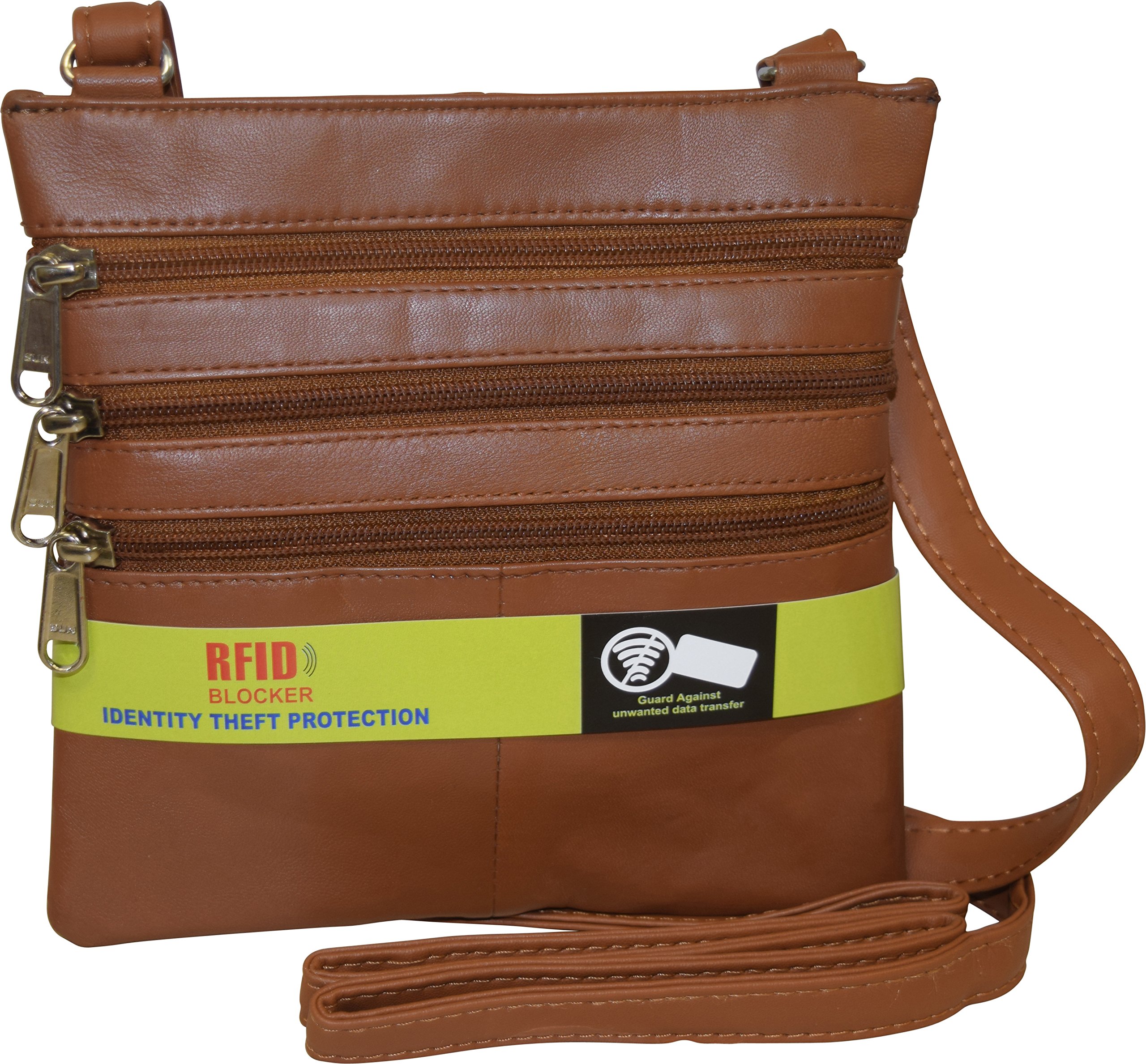 Women's Genuine Leather Multi Pockets RFID Protection Crossbody Bag (Tan)