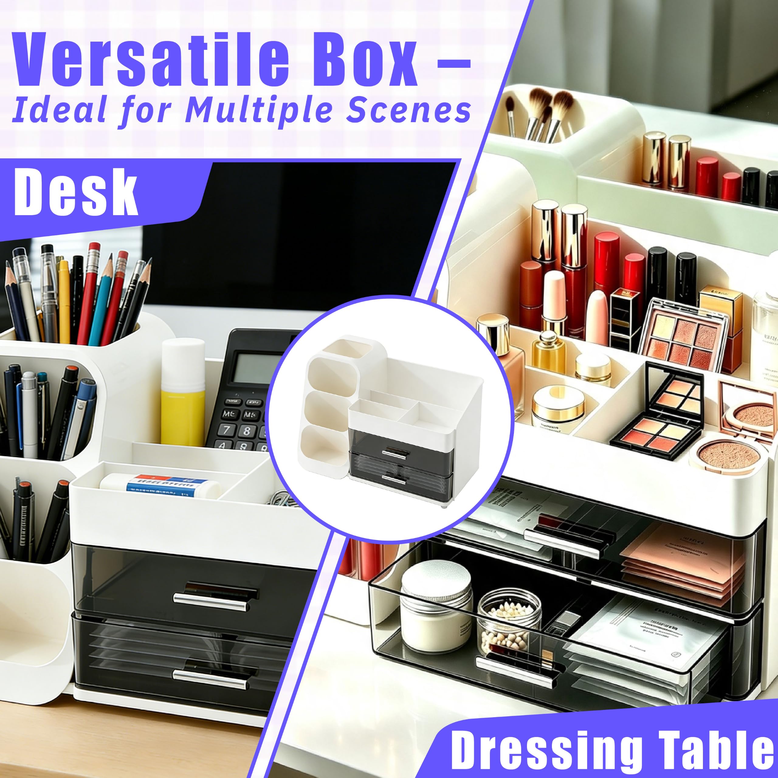 Organizador de cosméticos grande con cajones – 3 en 1 para brochas y cosméticos, elegante caja blanca para organizar y almacenar en el tocador