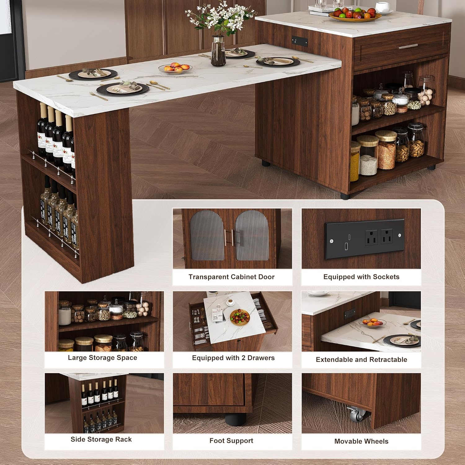 Kitchen Island 80" with Extendable Dining Table Width Mobile Carts and Storage Cabinet, Rolling Kitchen Table Power Outlet with Spice Rack, and Drawer, Portable Islands on Wheels (Walnut)