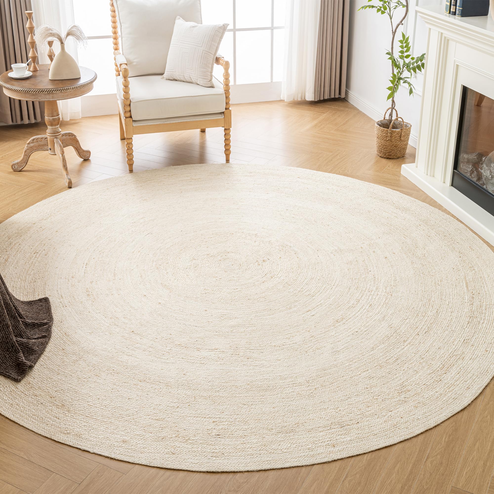 Photo 1 of ** dirt from transport **Shatex Round Jute Rug 8 Feet, Chunky Hand Braided Rug Farmhouse Style for Home Decor, Bedroom, Living Room, 100% Natural Jute Fiber, Diameter 96 Inch, Off-White