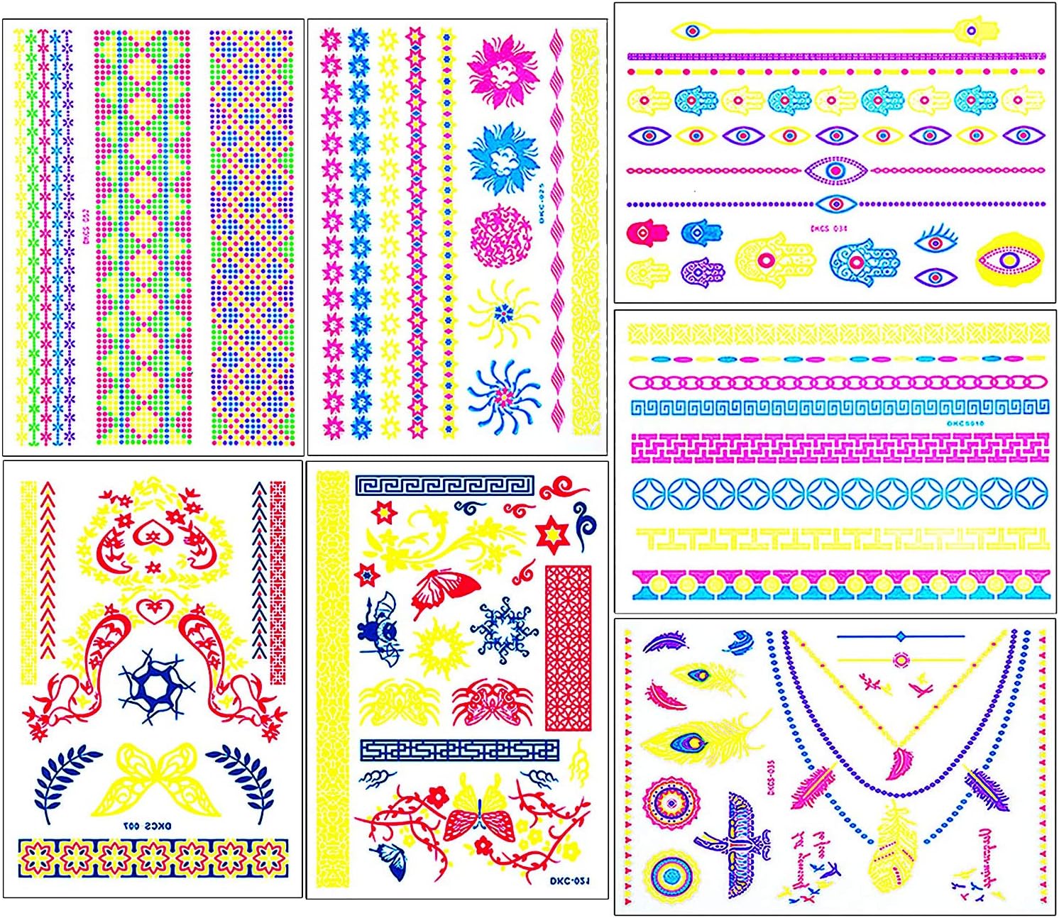 MOOKLIN Temporary Tattoos Kit, 7 sheets Luminous Temporary Tattoos, Glowing under UV Light, for Women Men Children's Birthday Party Bag Filler