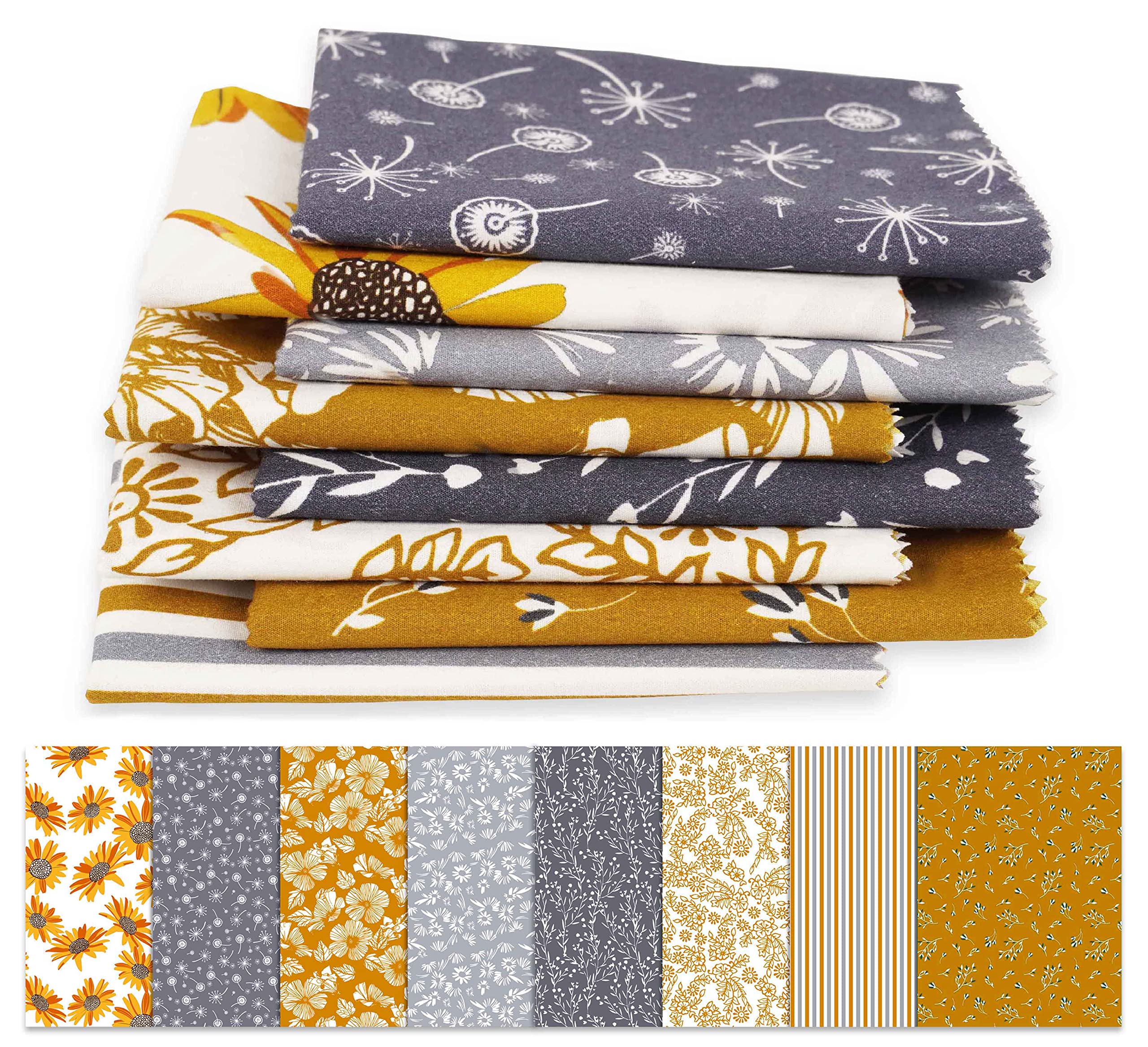 Soimoi 8 Pc Fat Quarter Bundle, Fern Floral Print 18"x 22" DIY Patchwork-100% Cotton Pre-Cut Quilting Fabric Grey & Mustard