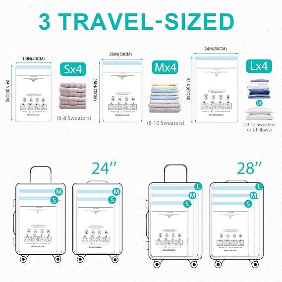 Vacuum Storage Bags,12 Pack Vacuum Bags with Electric Pump,Vacuum Pack Bag for Clothes,Storage,Travel,Luggage,Blankets(4 Large, 4 Medium, 4 Small)