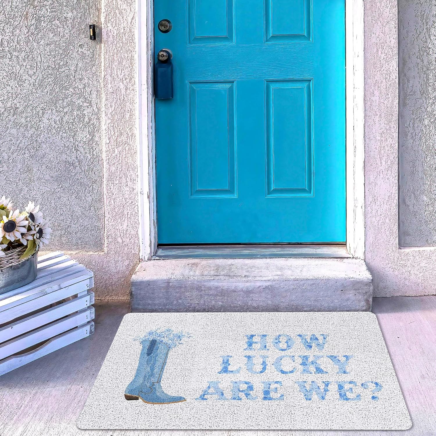Western Cowgirl Door Mat, How Lucky are We Doormat Outdoor Indoor Entrance Porch, Floral Cowgirl Boots Outdoor Mat, Blue Western Welcome Mats for Front Door, 17x30 Inch