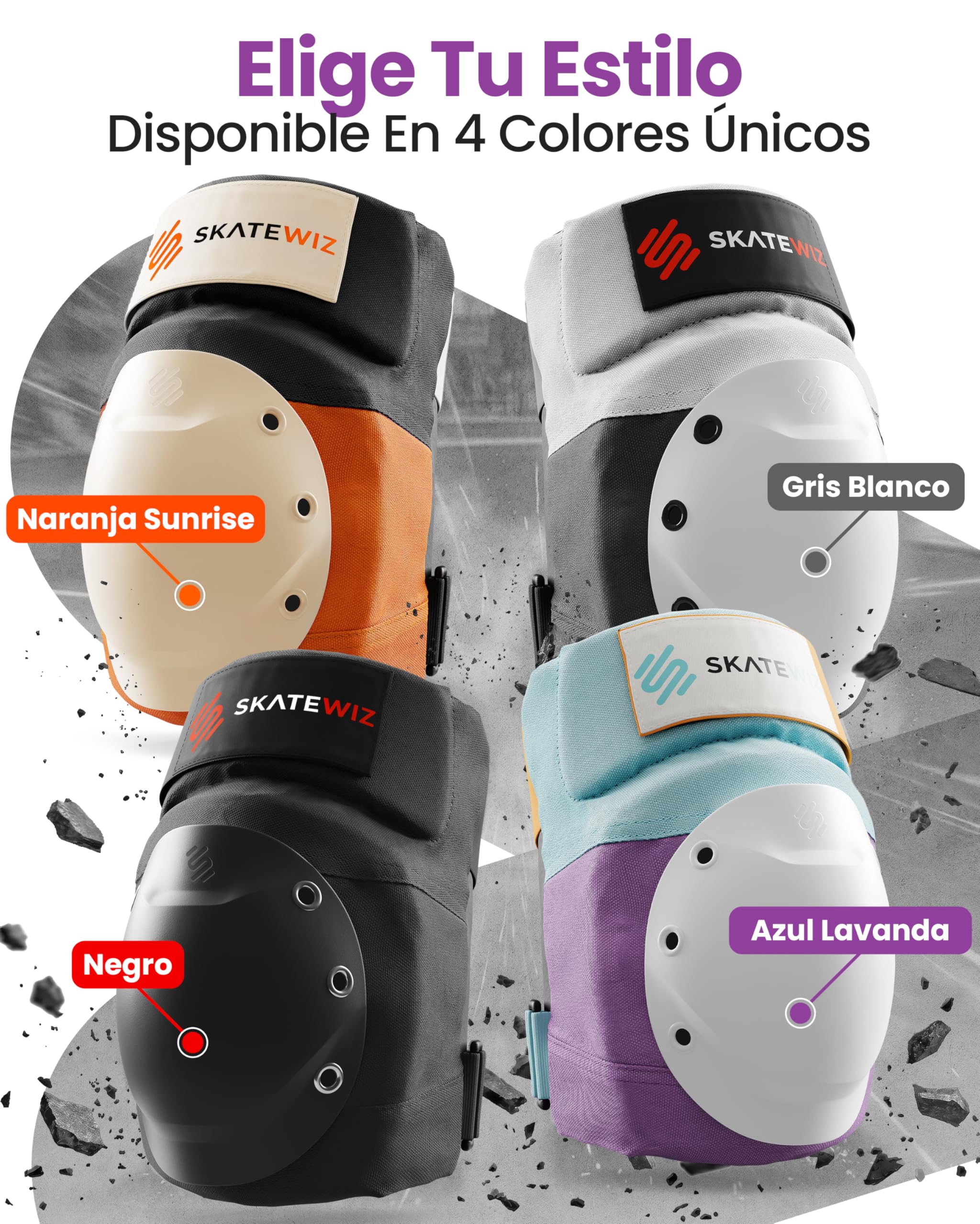 SKATEWIZ Protecciones Patines Adulto, Rodilleras Skate - Protecciones Patines de Hielo - Kit Protección Skate - Rodilleras y Coderas Adulto - Shield Talla M Lavanda — view 6