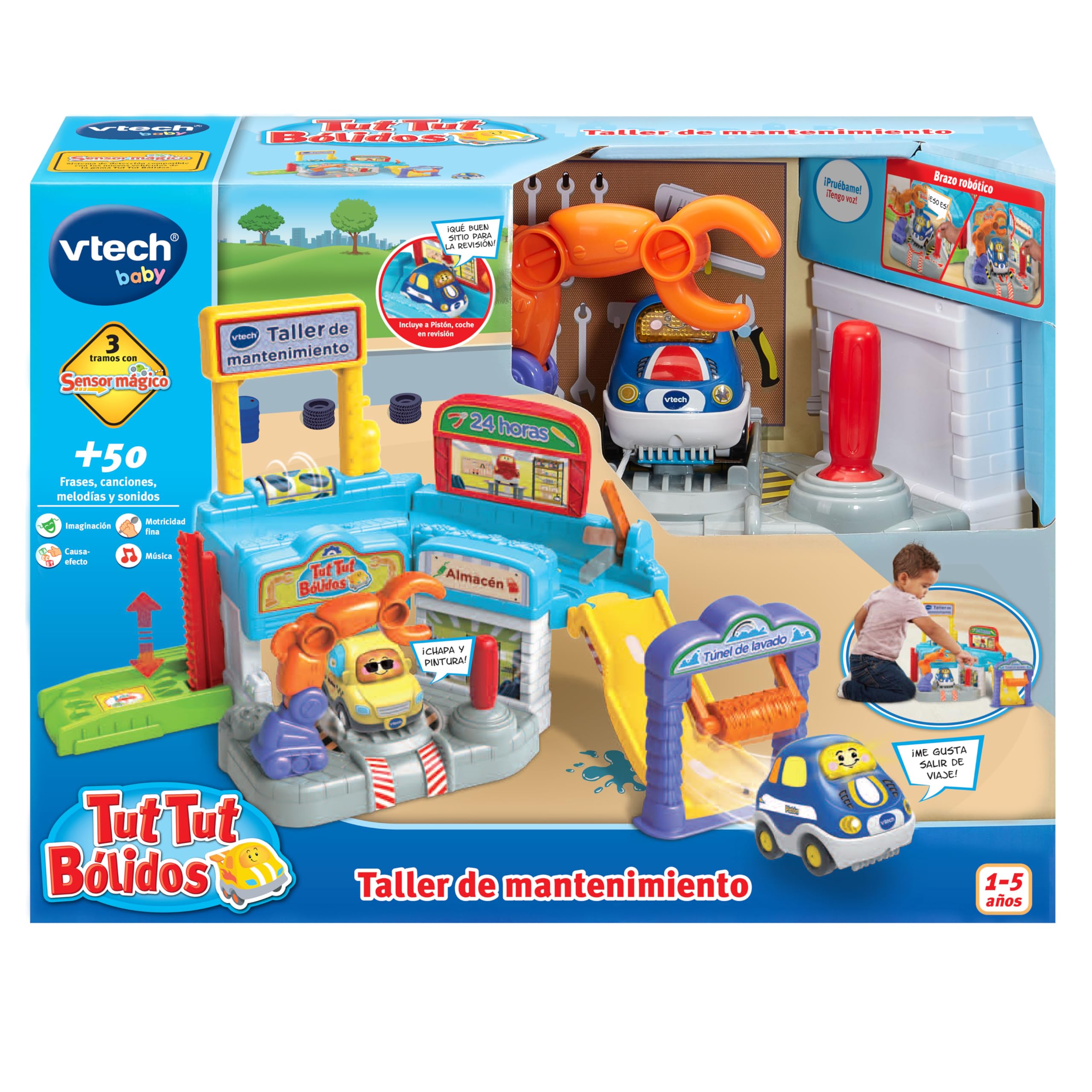 VTech - Taller de Mantenimiento TutTut Bólidos, Circuito y Playset Interactivo de Juguete, Incluye un Coche, Ascensor, Rampas, Túnel de Lavado, Regalo niños +1 año, Versión ESP