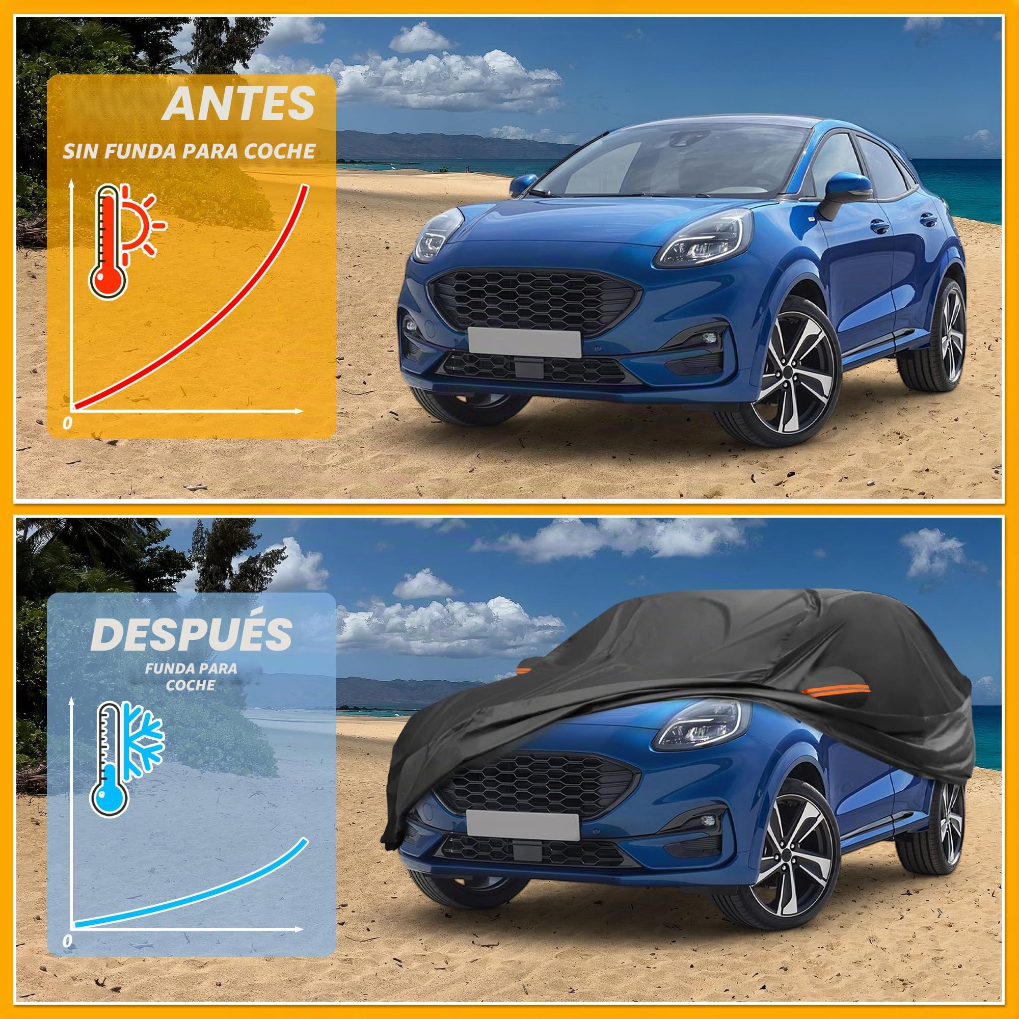 Funda De Coche Impermeable Anti-UV para Ford Puma 19-23 1Pc | 190T-Pu, Negro, 425X180X140Cm, Impermeable, Anti-Uv, Todo Clima, Cremalleras, Cuerda Elástica, Franjas Reflectantes