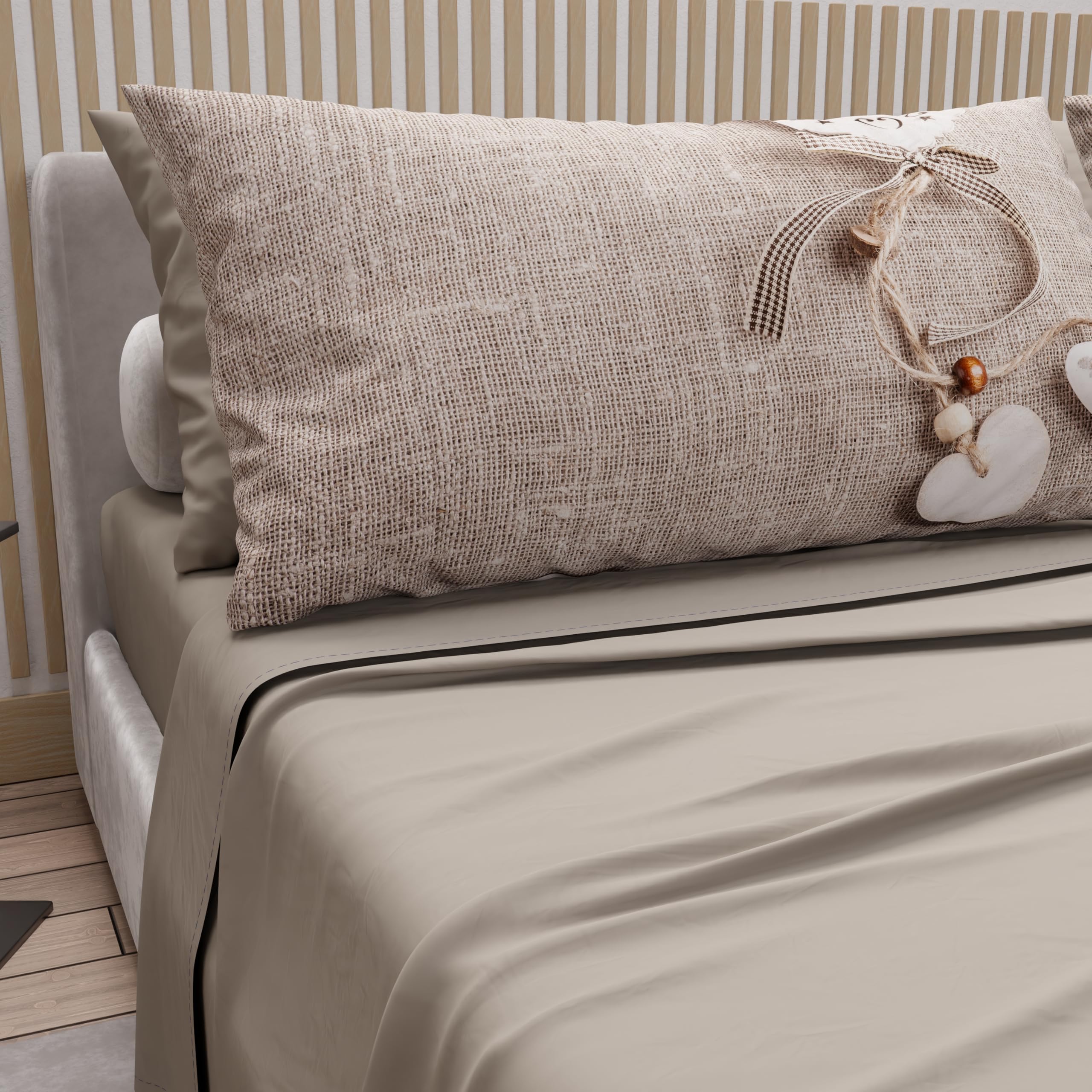 Drap housse 180x200 grand lit double et taies en coton italien taupe