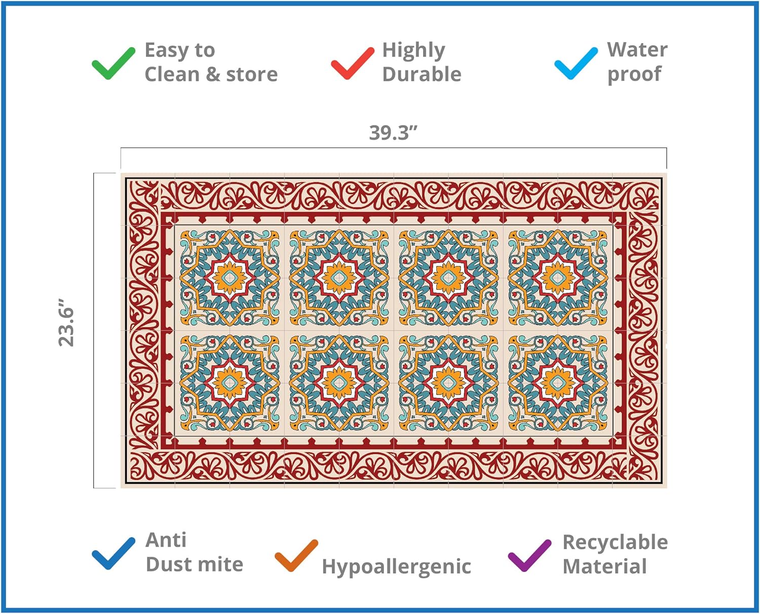 IRI-GIRI Vinyl Kitchen Floor Mat Decorative Linoleum PVC Rug Runner Tile Flooring, Colorful, Durable, Anti-Slip, Hand Washable, and Protects Floors 39.3" x 23.6", Barcelona Red 248