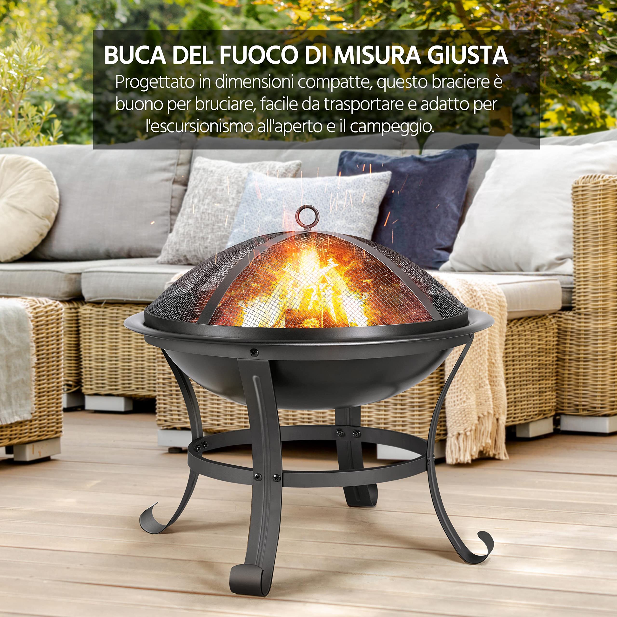 Yaheetech Braciere da Giardino Esterno Portatile con Copertura Protettiva e Attizzatoio per Terrazza da Campeggio/Raduno 54 x 54 x 50cm per Riscaldamento Nero