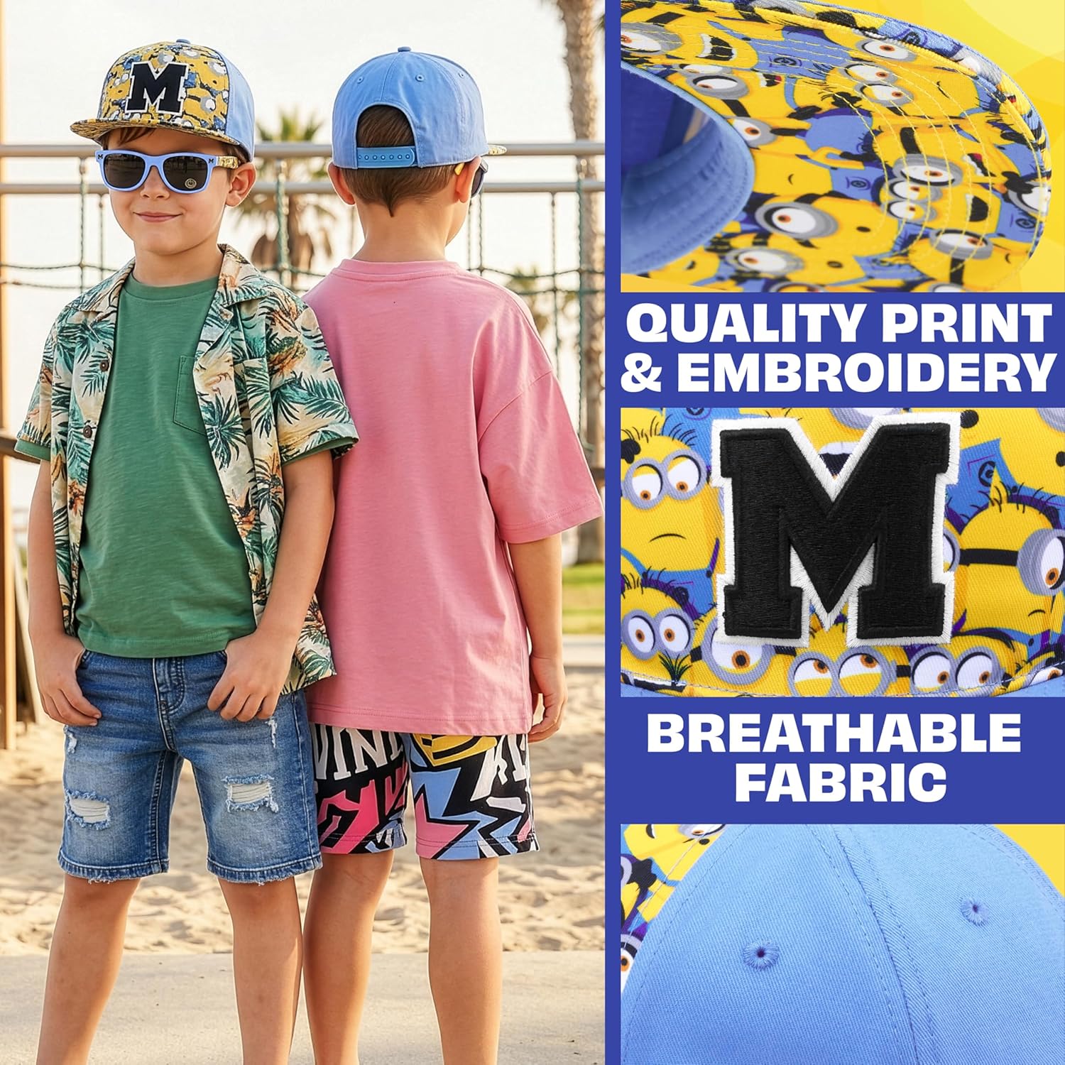 Marvel Spider-Man | Minions Kids Baseball Cap, Sunglasses Set UV Protection, Adjustable Sun Hat Gifts for Boys 4–12