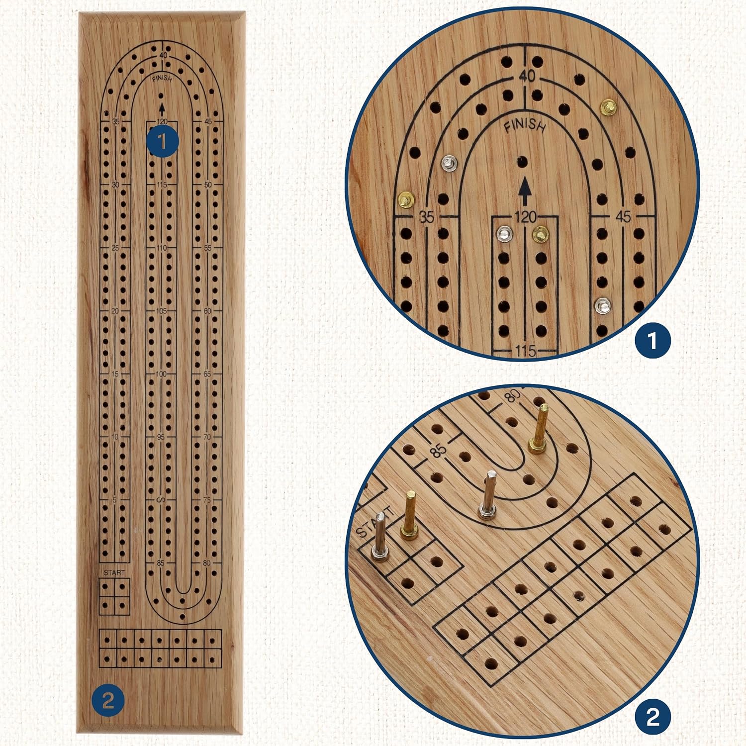 WE Games Classic Cribbage Set - Solid Oak Wood Continuous 2 Track Board with Metal Pegs
