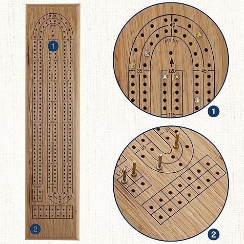 Miniatura 8 de WE Games Classic Cribbage Set - Tabla continua de 2 pistas de madera de roble maciza con clavijas de metal