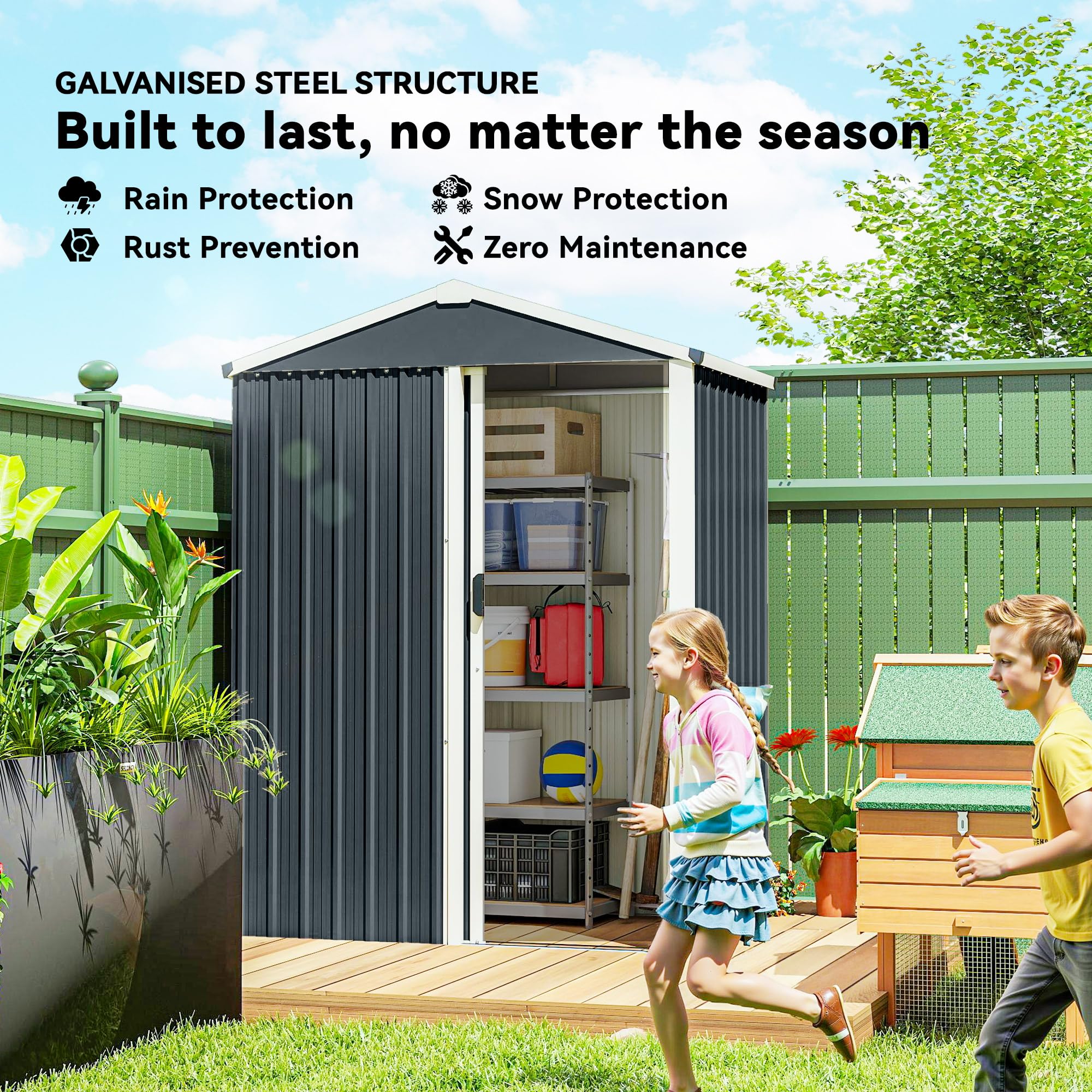 Outsunny 4.5 x 3ft Outdoor Storage Shed, Waterproof Metal Garden Shed with Gloves, Lockable Sliding Door and Pitched Roof for Backyard, Patio, Lawn, Poolside, Dark Grey - 3
