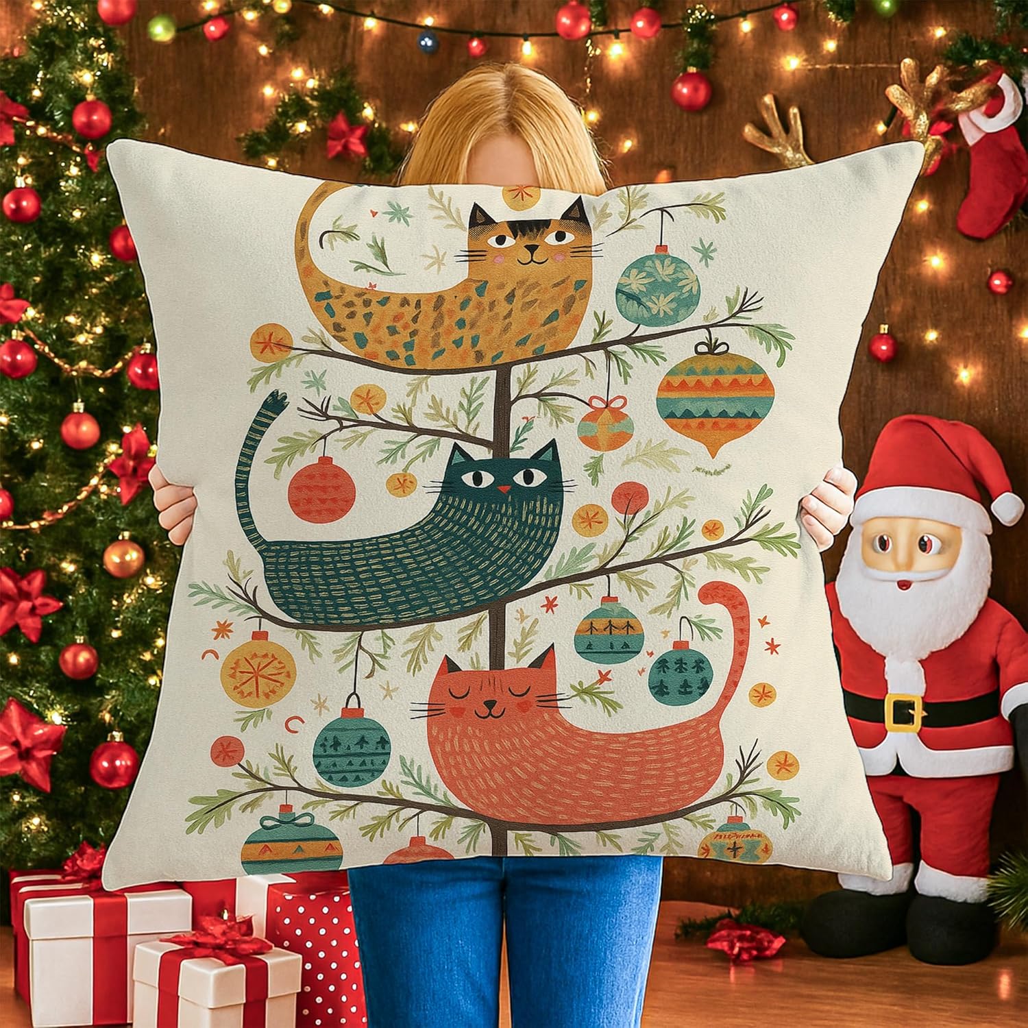 Cat Throw Pillow Covers, Christmas Fanciful Tree Ornament Xmas Orange with Hidden Zipper Pattern Pillow Covers for Living Room Bed Office Sofa Chair Decor 28x28 Inch