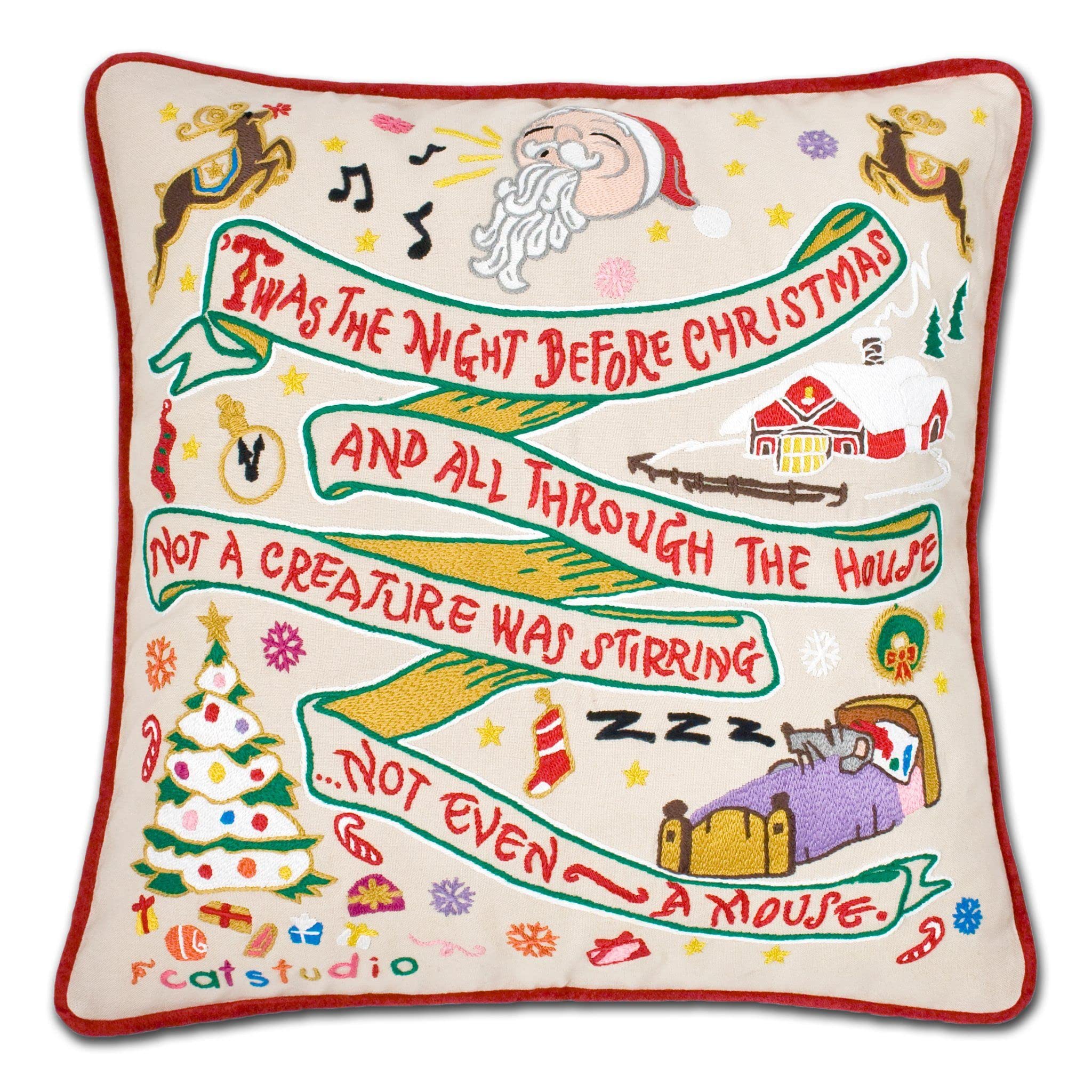 Catstudio Night Before Christmas Hand Embroidered Pillow, Winter Holiday Decorative Throw Pillow with Original Artwork - Perfect for Christmas