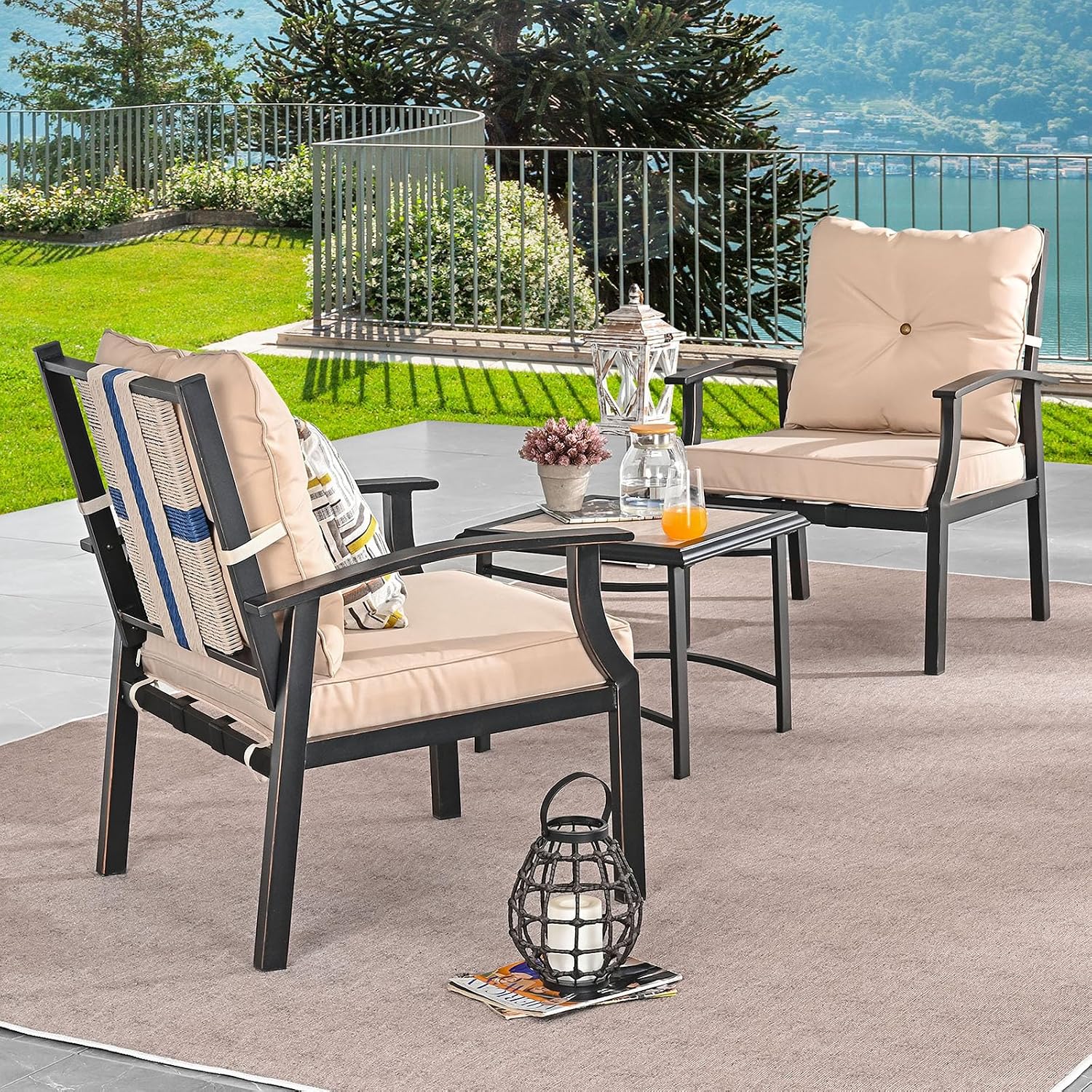 3 Pieces Patio Bistro Set Outdoor Furniture Set with Coffee Table Patio Single Chairs with Cushion,for Poolside, Garden, Balcony(Khaki)