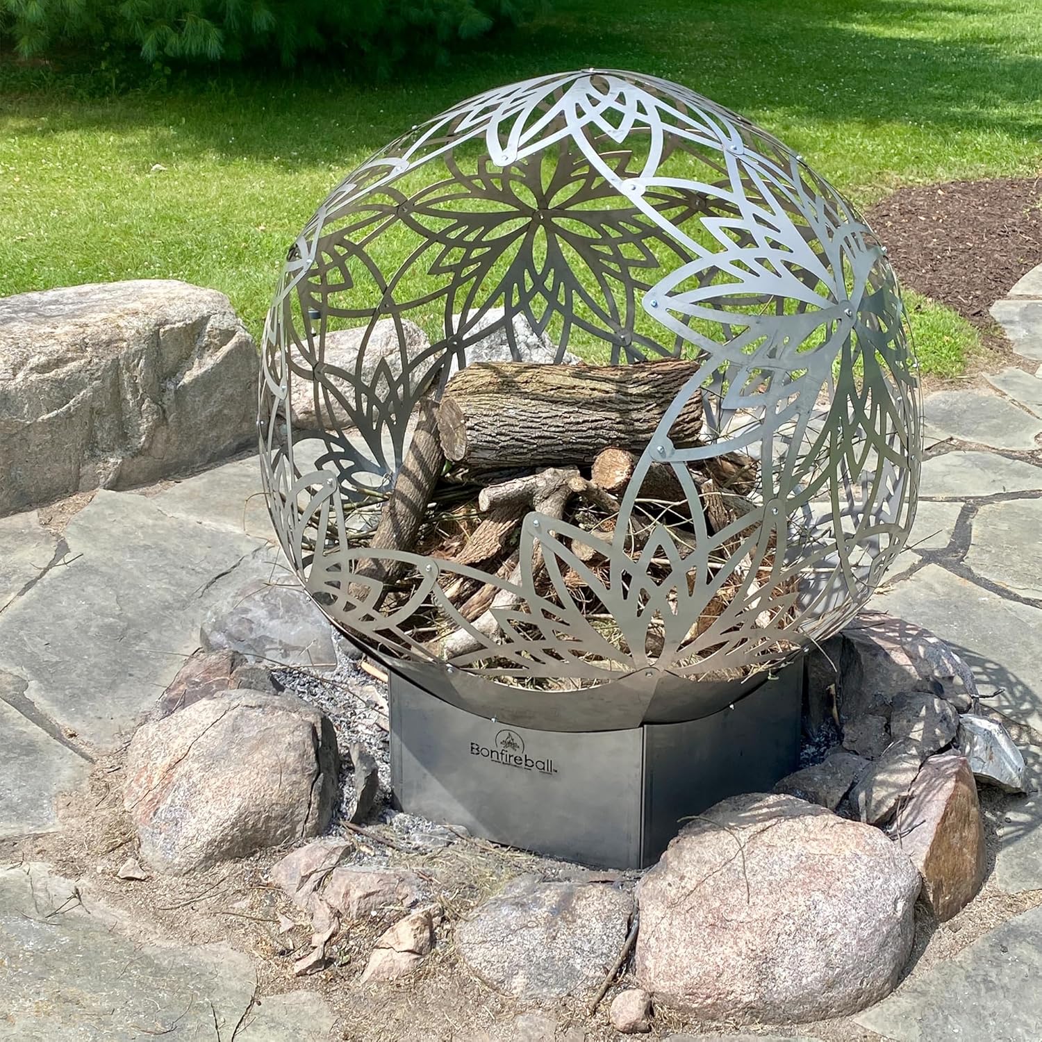 FlowerHouse: Bonfireball Fire Pit - 24" Lotus - Base & Flower Pattern Cover, Stainless Steel, Portable Fire Pit, Outdoor Décor, Patio, Backyard, Beach