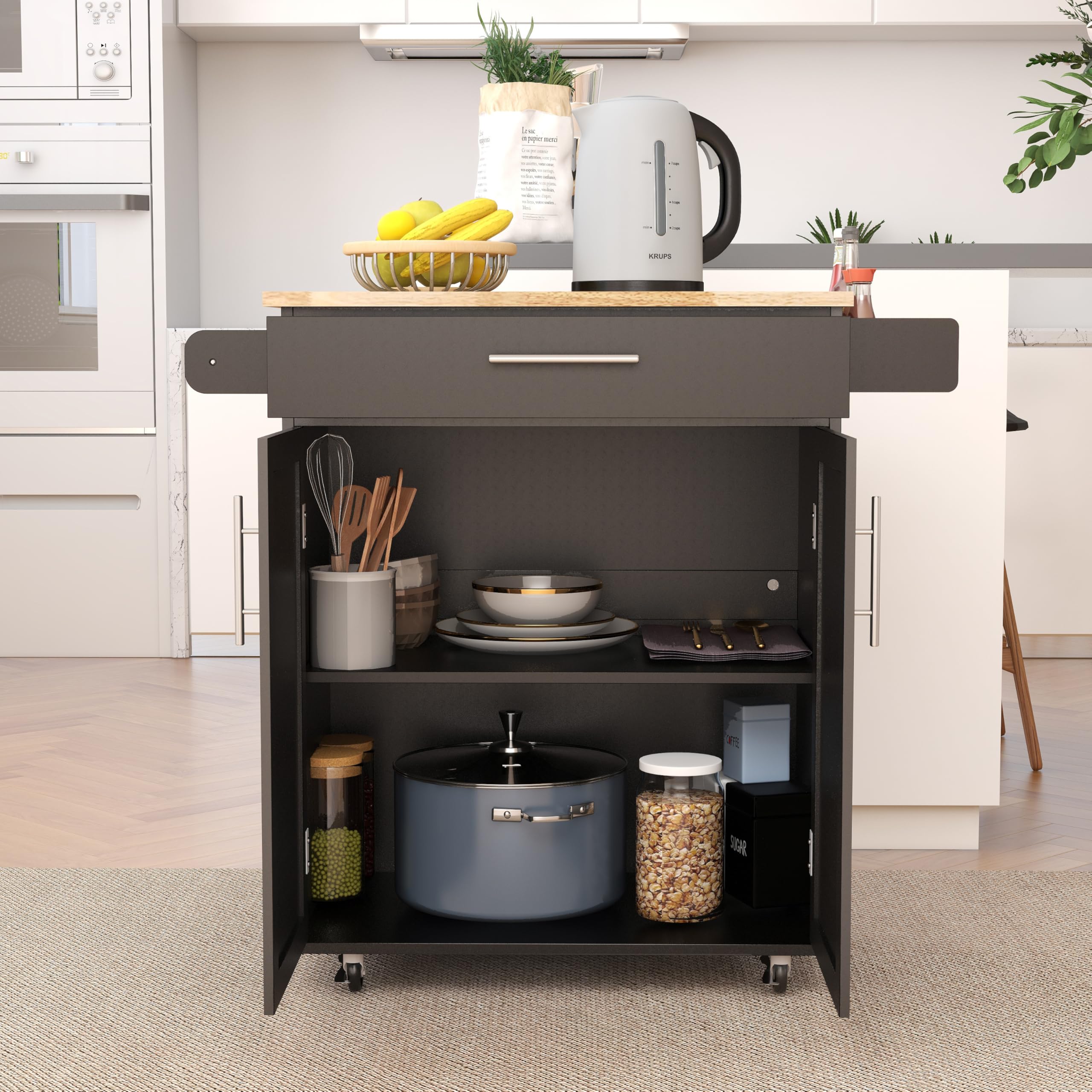 RASOO Kitchen Island on Wheels White Rolling Trolley Cart Island Cart Storage Cabinet with Rubber Solid Wood Countertop One Drawer and 2 Doors Towel