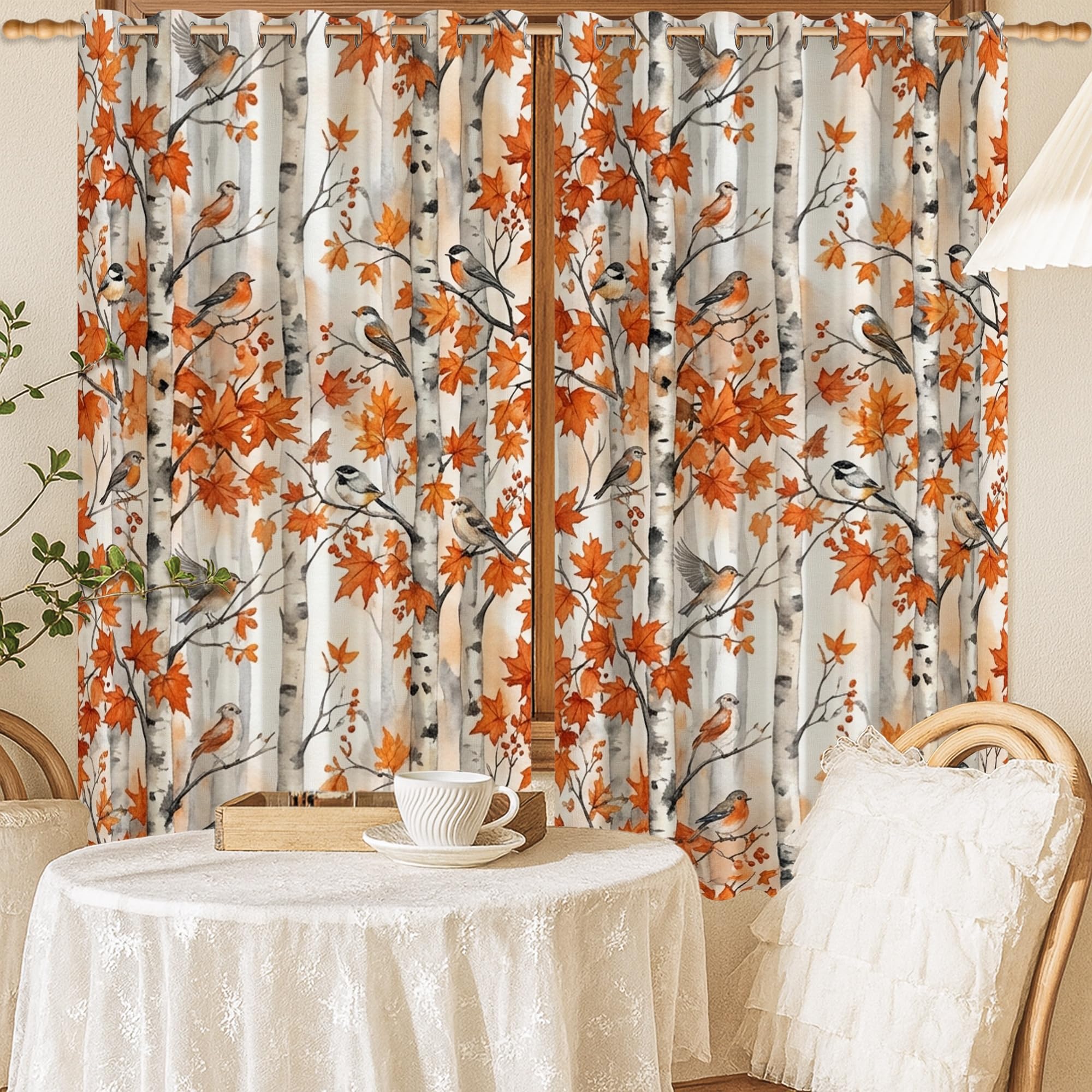 Rideaux occultants à isolation thermique chambre motif feuilles branches orange