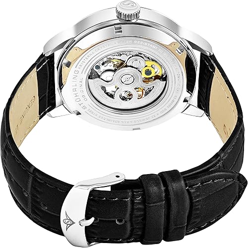 Miniatura 4 de Stuhrling Original Reloj esqueleto automático para hombre, correa de cuero negro, reloj ejecutivo mecánico plateado