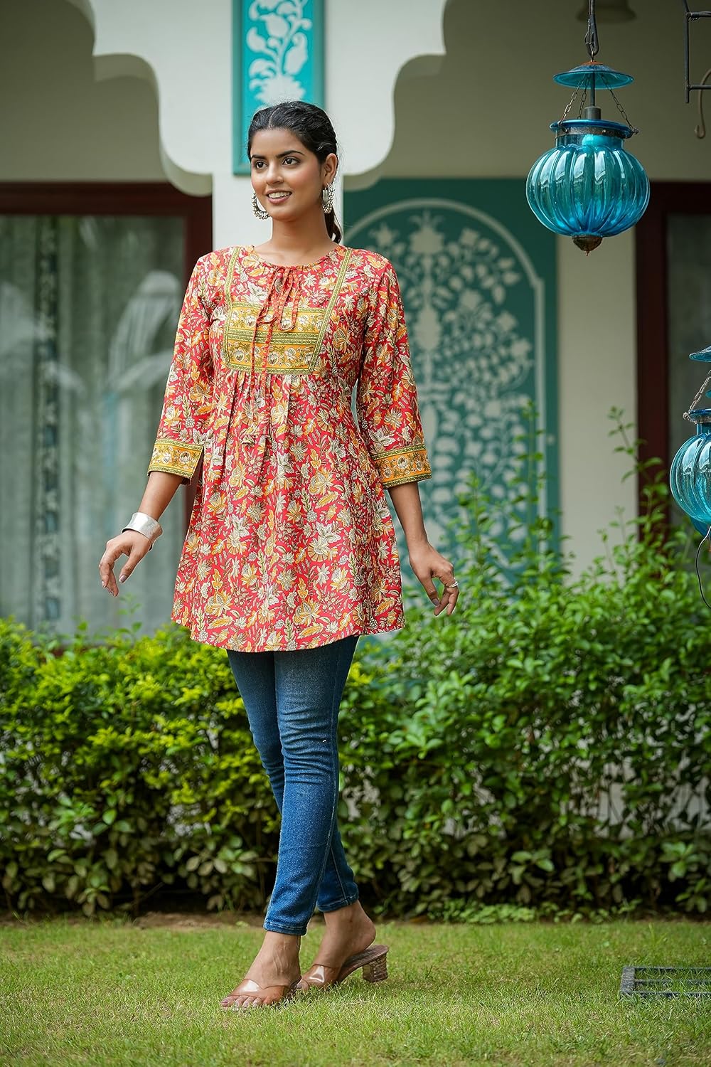 Yash Gallery Women's Short Kurti Floral Placement Printed Girls Indian Kurta For Summer - Image 2