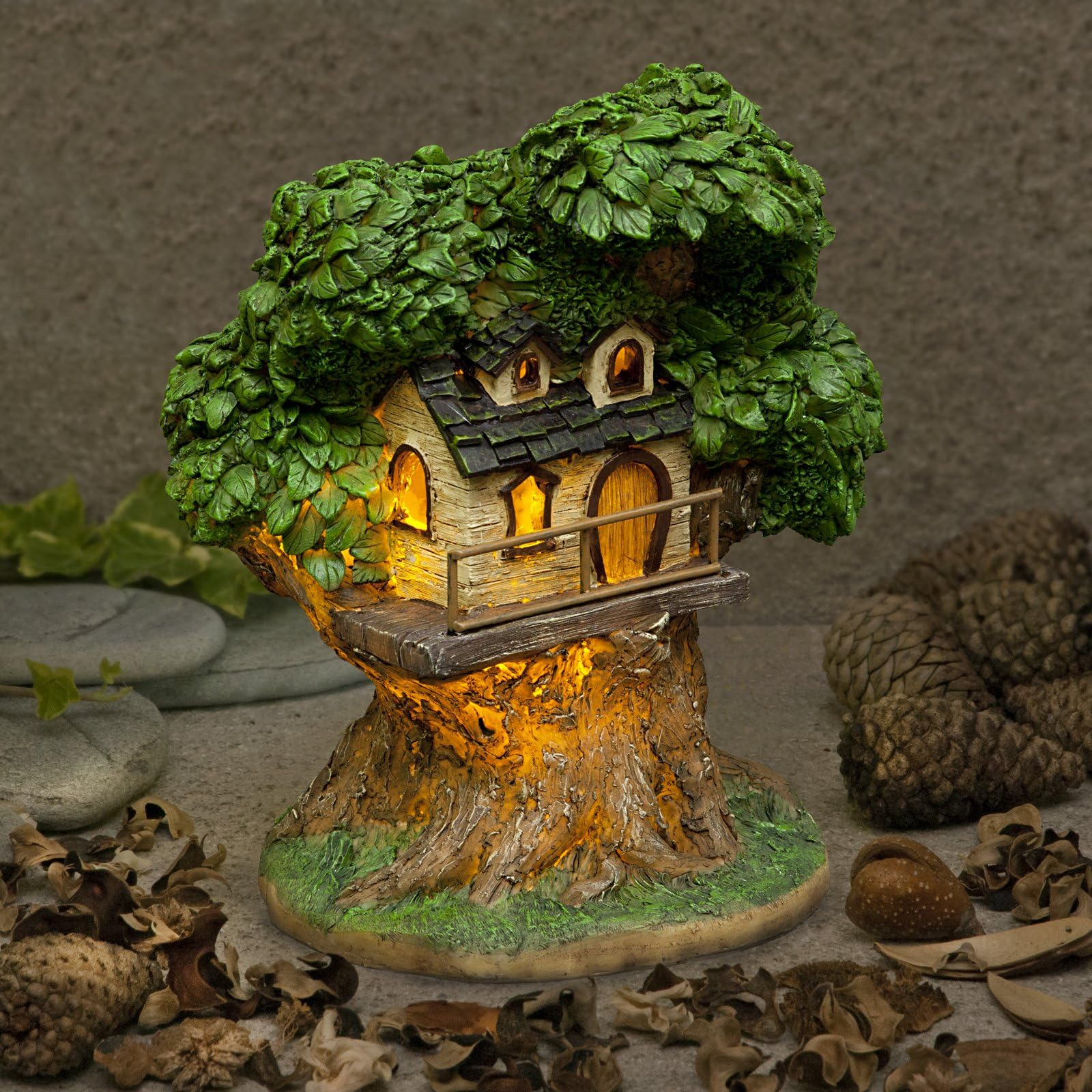 Garden Glows Fairy Dwelling - THE HOME OF HAZEL CORNWITCH - Fairy Treehouse - for indoor outdoor use - with 3 solar powered LEDs