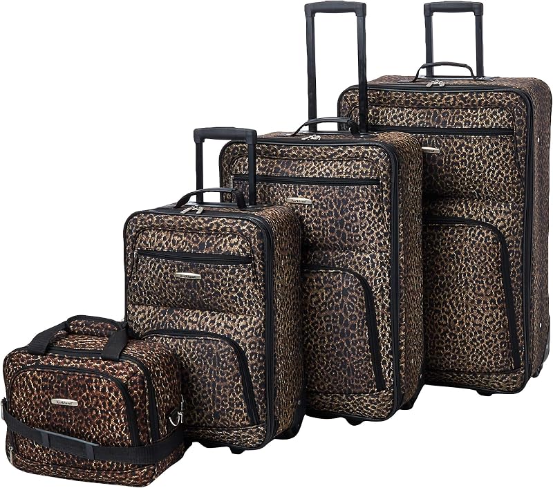 Rockland Fashion Softside Juego de valija de 4 piezas, ampliable, (14" Tote/19"/24"/28"), Leopardo