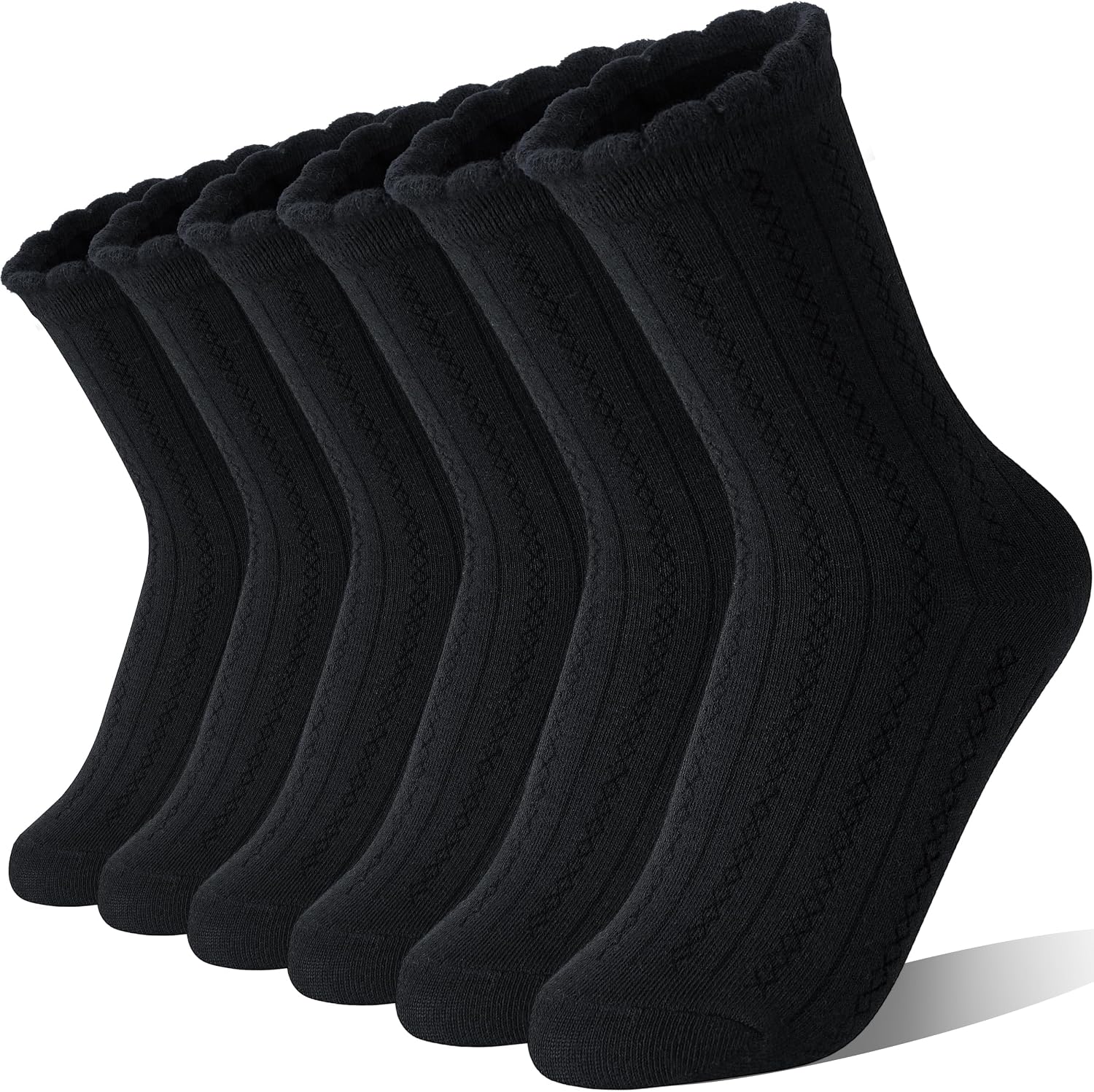 EBMORE Girls Kids Ruffle Socks Uniform School Dress Crew Cotton Textured Breathable Socks 6 Pairs